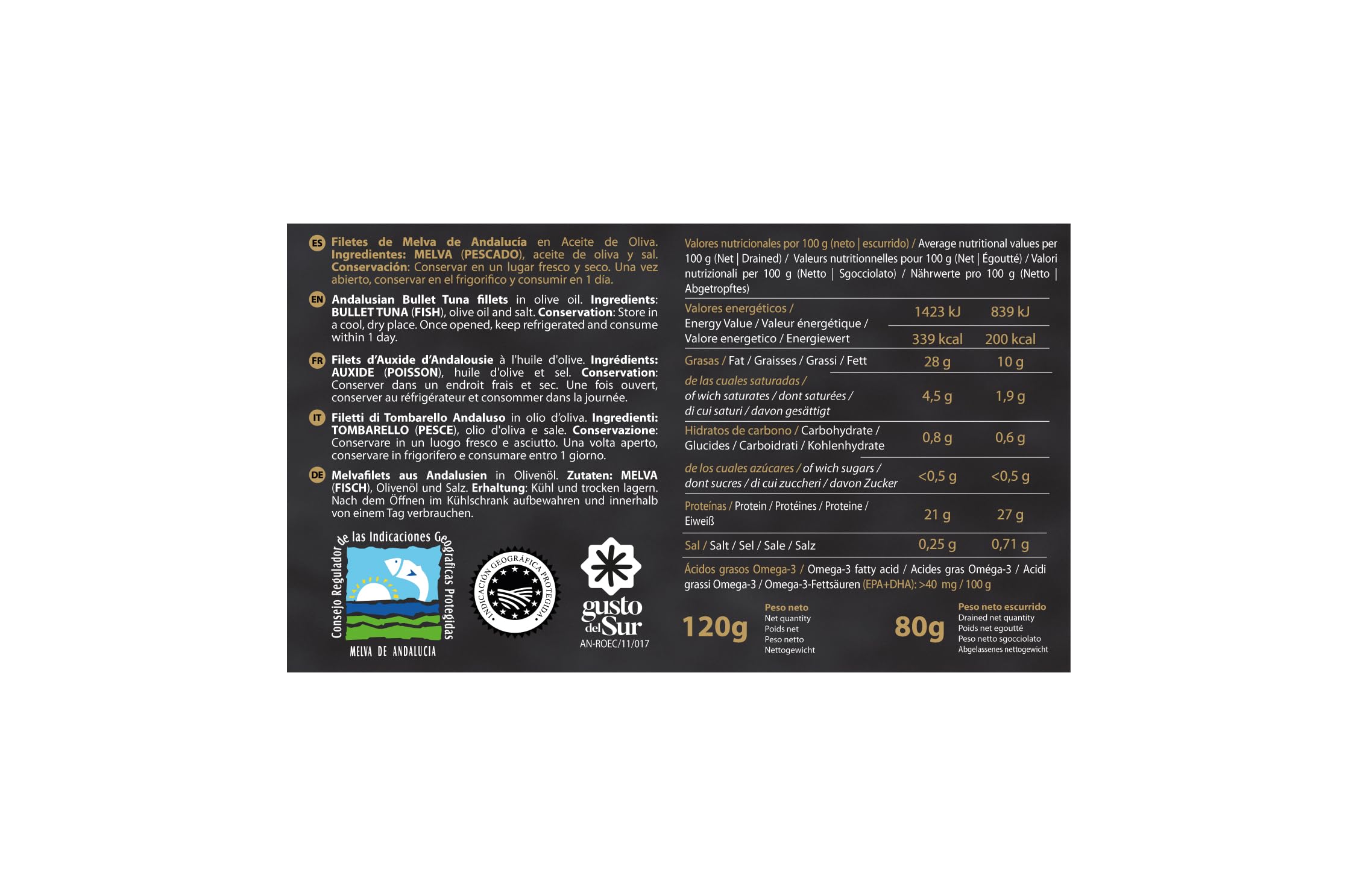 Filetes de Melva Canutera de Andalucía en Aceite de Oliva - Pack de 5 Latas x 120g - USISA - Conserva de Pescado