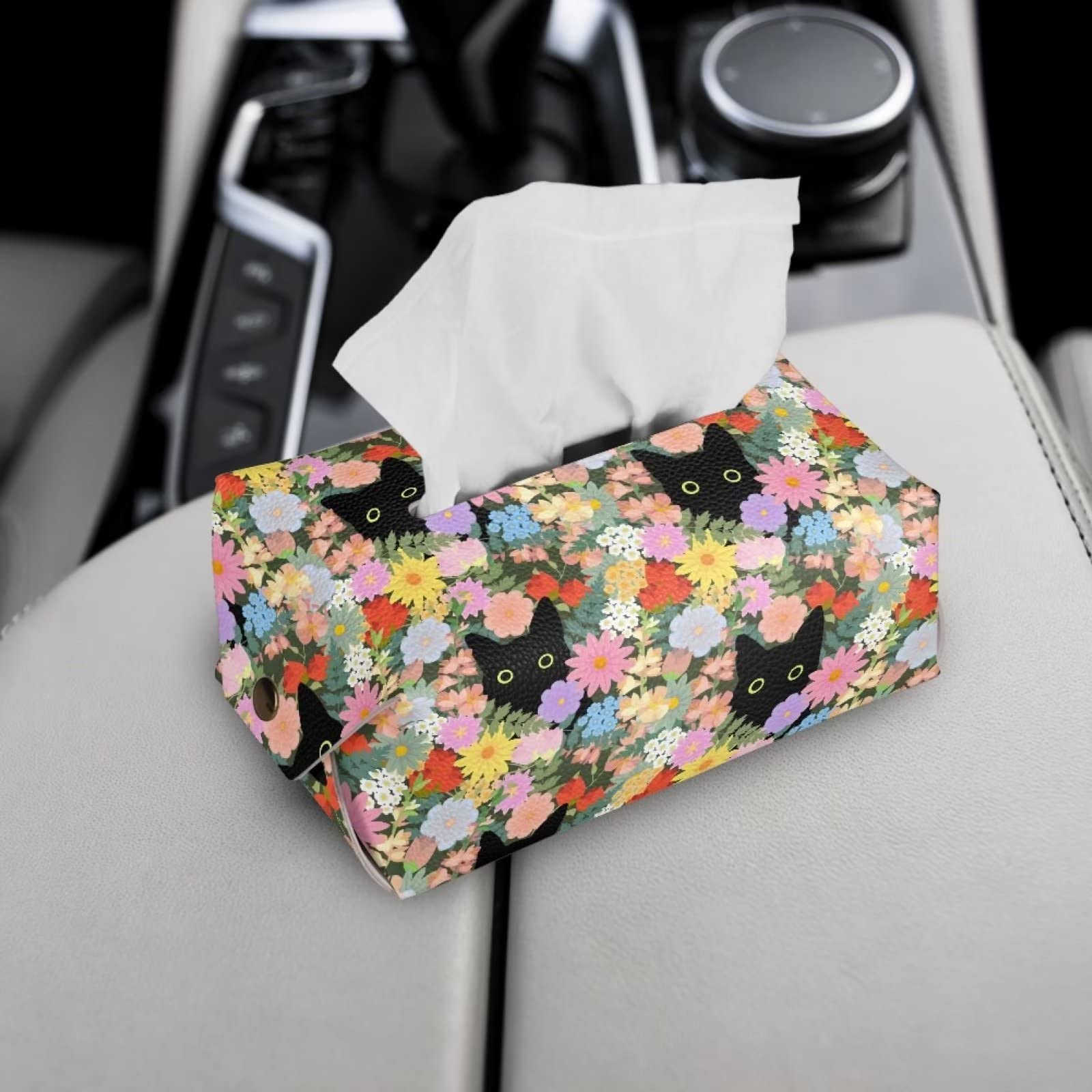 Xoenoiee Scatola per fazzoletti con motivo a fiori di gatti Porta fazzoletti decorativi in pelle PU per il bagno Vanity Dresser Night Stand Table