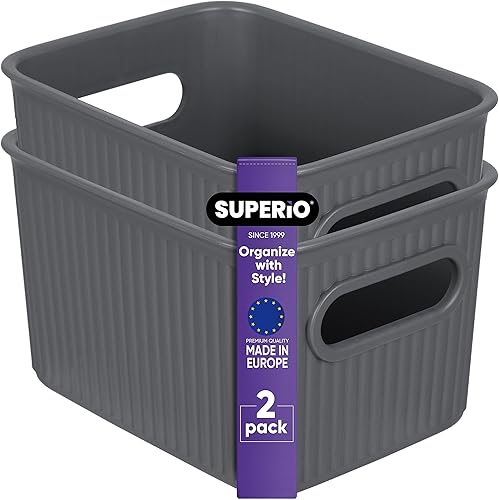 Superio Ribbed Collection Canastas organizadoras de plástico decorativas abiertas para el hogar, pequeñas cajas de contenedores grises (paquete de