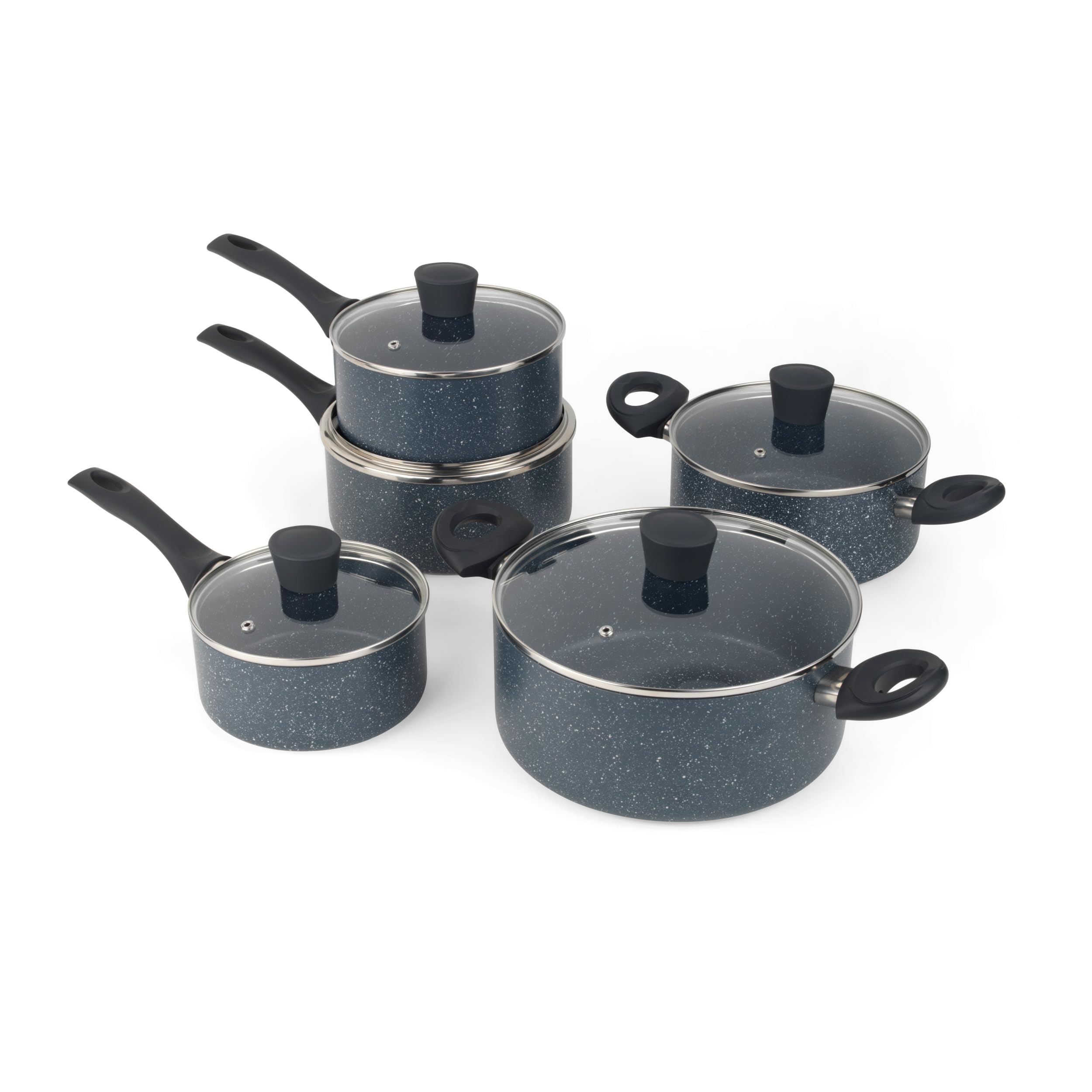 Russell Hobbs RH02818EU7 Pan Set - 5 Piece Non-Stick Kitchen Cookware, 16/18/20cm Saucepans, 20/24cm Stockpots, Tempered Glass Lids, Soft-Touch Handles, Easy Clean, Blue Marble, Nightfall Stone โ image 1