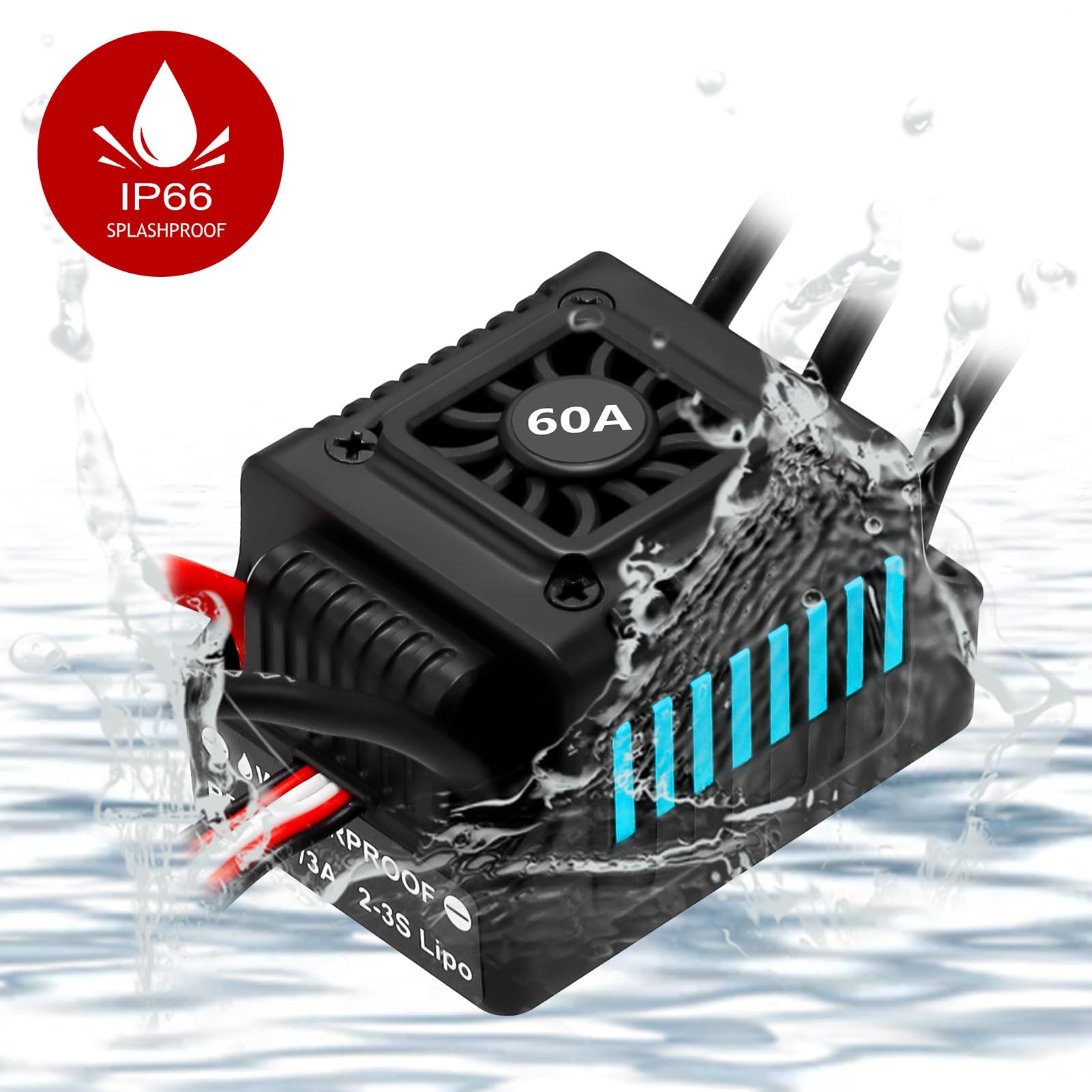 Controlador de velocidad electrónico ESC 2-3S sin escobillas de 60 A, impermeable, ESC para control remoto 1/10 de coche y camión (azul)