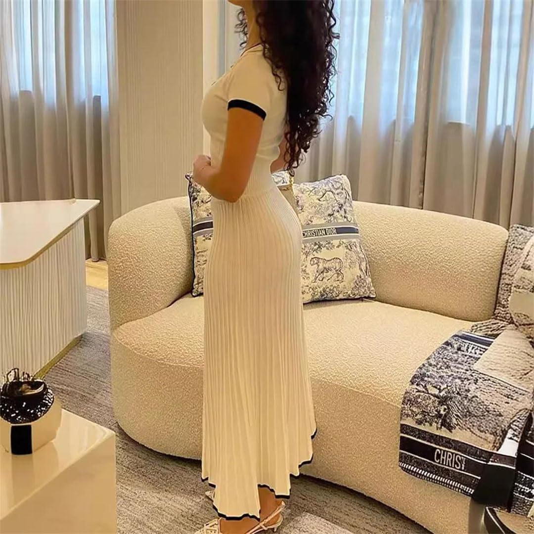 Women Long Skirt Suit Short Sleeve V-Neck Crop Top Pleated Set Two-Piece Skirt Set