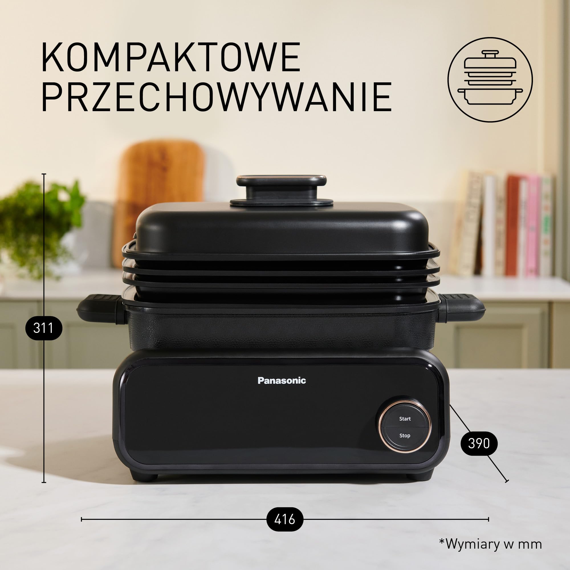 Panasonic NF-GM600KXE Garnek Elektryczny Multicooker 6 w 1, 1400 W, 40-250°C, 9 trybów automatycznych, 6 płyt, bezdymny, system odprowadzania dymu, można myć w zmywarce, przewód 2.5 m, czarny