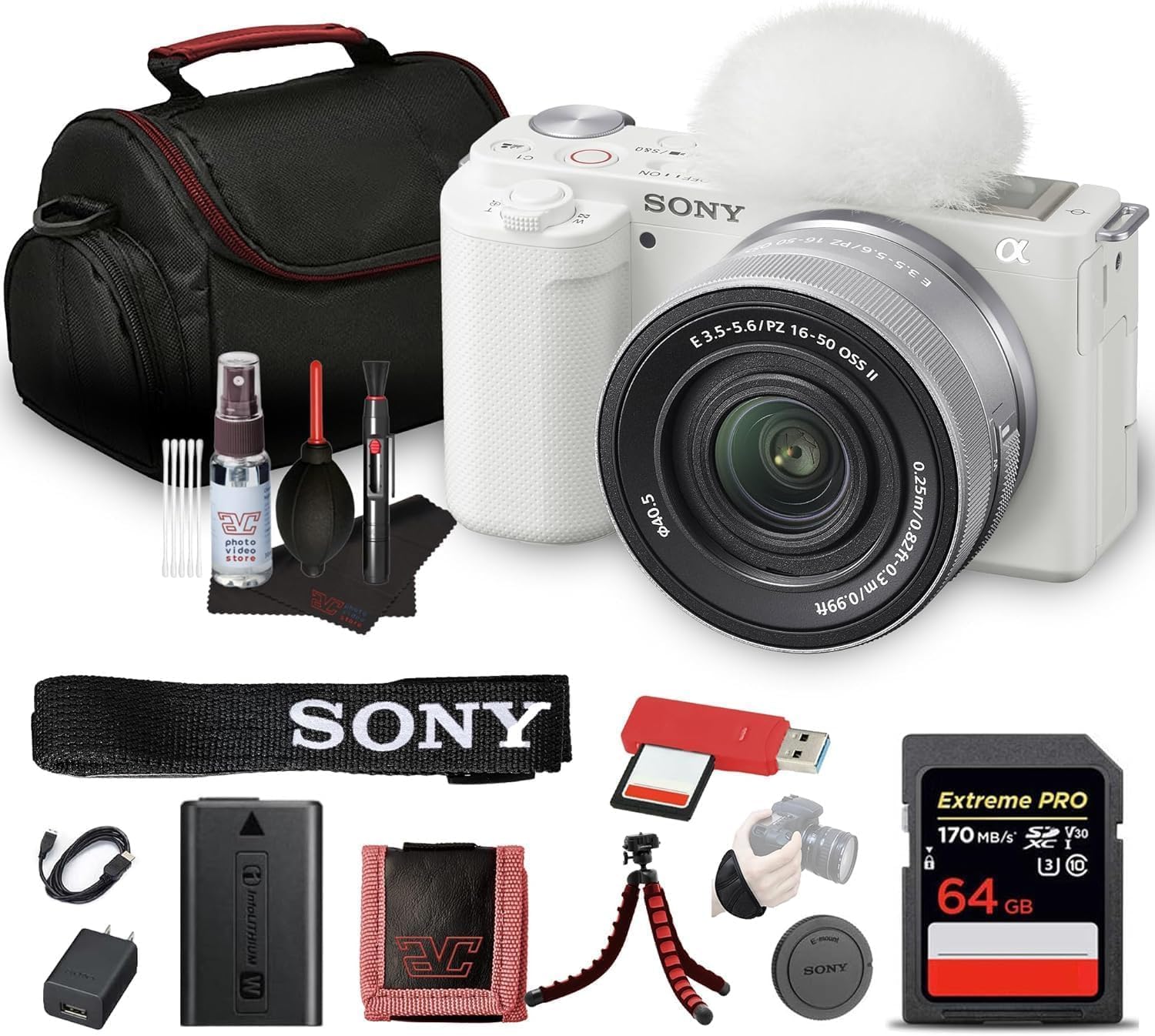 Sony ZV-E10 Mirrorless Camera Kit with 16-50mm II Power Zoom Lens (White) | APS-C Sensor | Compact Creator Tool + 64GB Card + Bag + Card Reader + HDMI Cable + Flex Tripod + Hand Strap + More