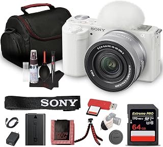 Sony ZV-E10 Mirrorless Camera with 16-50mm Lens & Tripod (White) Bundle | For Photography & Video | APS-C Sensor | Compact Creator Tool | HDMI + 64GB Memory Card + HDMI Cable + Card Reader