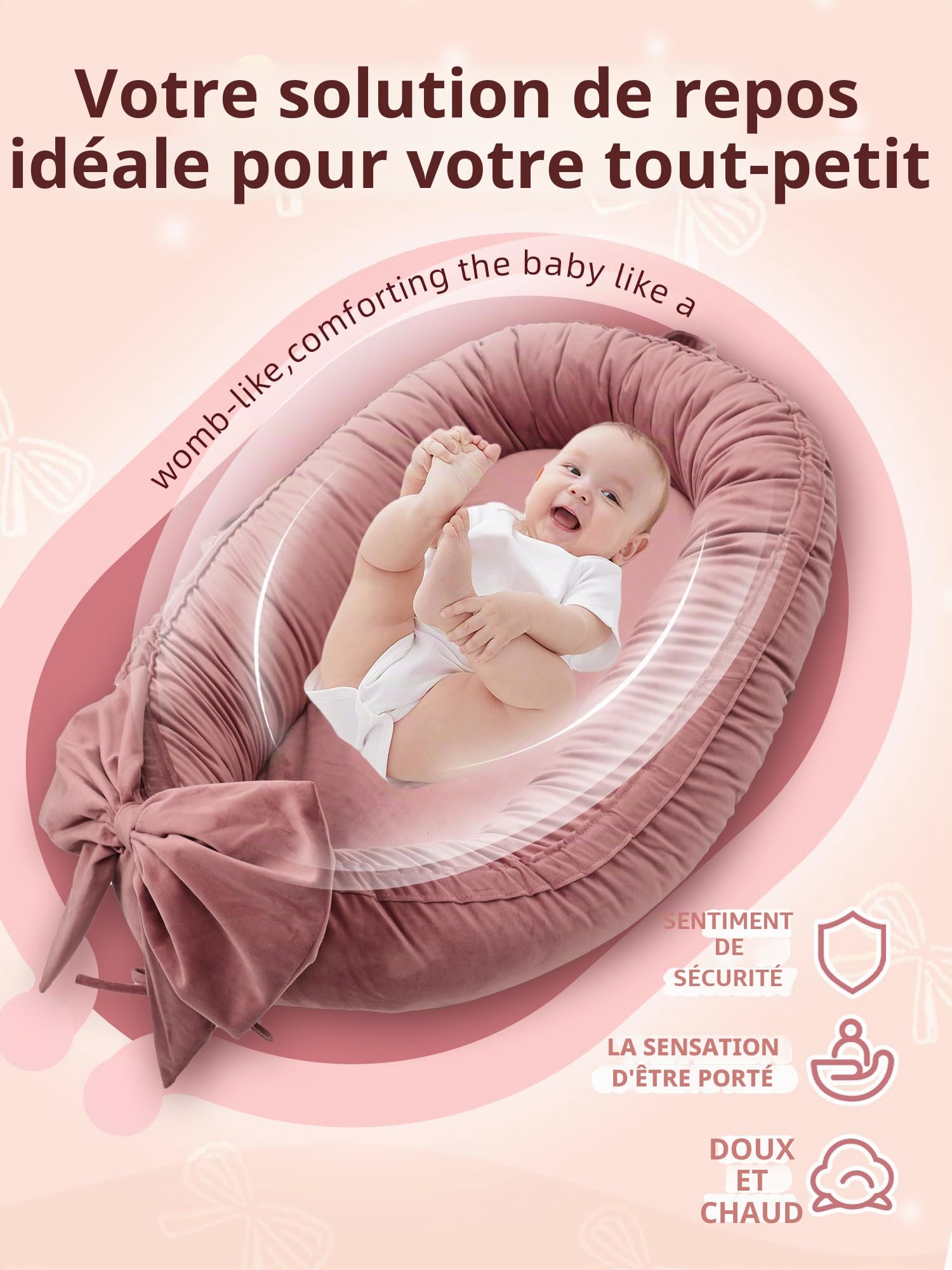 EAQ Reducteur de Lit Bébé, Baby Nest Cocoon Lit pour Nouveau-né Nourrisson et Bébé, Couffin de voyage portable, Couverture Amovible et Lavable (Vieux Rose)