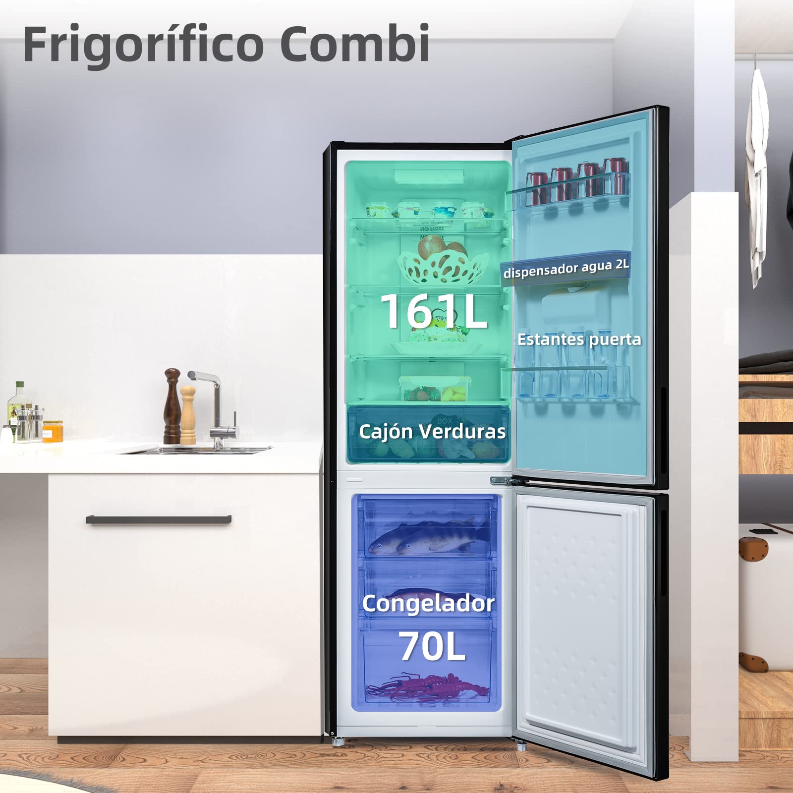 CHiQ FBM228NE4DE No Frost Combi Refrigerator,frigorífico independiente con congelador, combinación de frigorífico y congelador 231 L, sin escarcha, flujo de aire múltiple, dispensador de agua, 170 cm — view 6