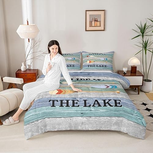 Miniatura 4 de Lake Life - Juego de edredón de tamaño King, juego de ropa de cama con remo de lago rústico, decoración de casa de lago, regalos para niños, vallas