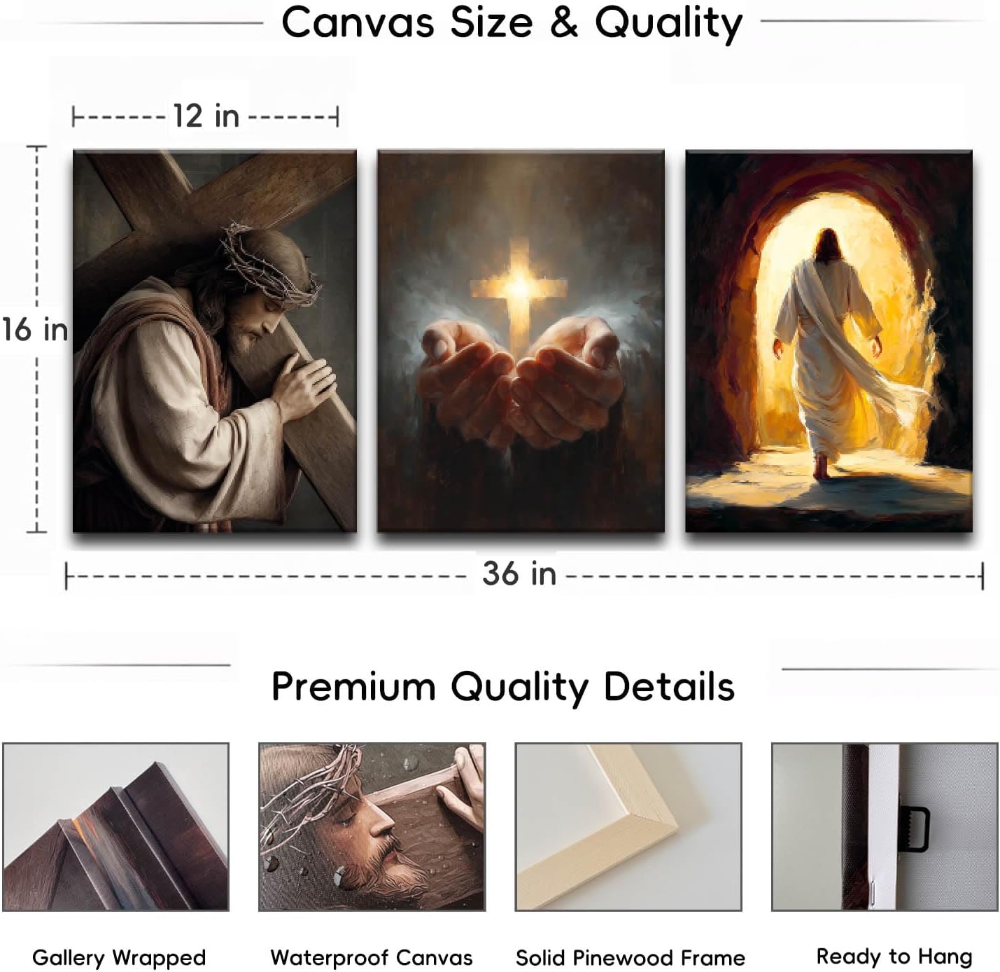 ARNLRDYA Jesus Wall Art Canvas Set of 3, Christian Wall Decor, Jesus Carrying the Cross and Empty Tomb, Christian Canvas Artwork for Living Room, Church, Prayer Room, Ready to Hang (12x16 Inch)