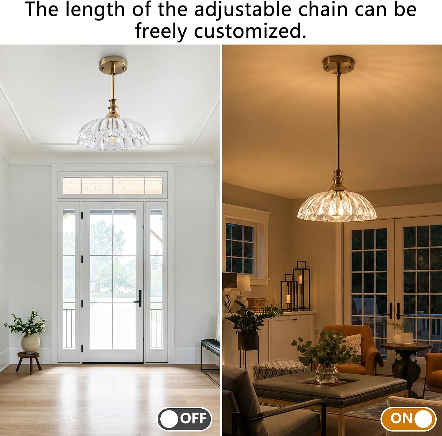 Gold Glass Chandelier Ceiling Light Farmhouse Pendant Fixture E26 | Thickened Clear Glass Shade Modern Petal Ceiling Light Electroplated Gold Iron for Dining Room Kitchen Office Coffee