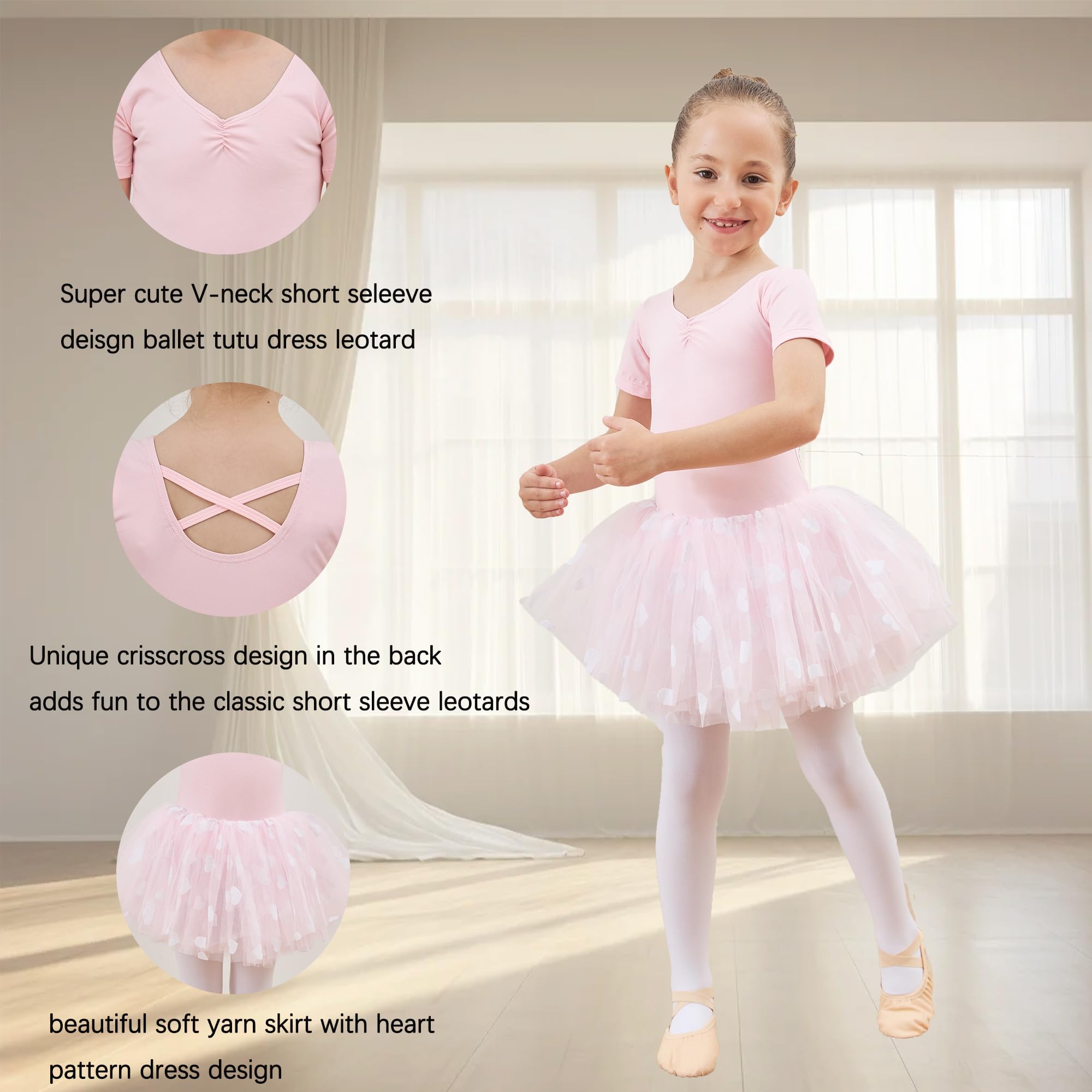 Kinder Mädchen Ballettkleidung Ballettkleid Kurzarm Balletttrikot Baumwolle Ballettanzug Tanzkleid Tanzbody mit Herzmuster Rock Tütü