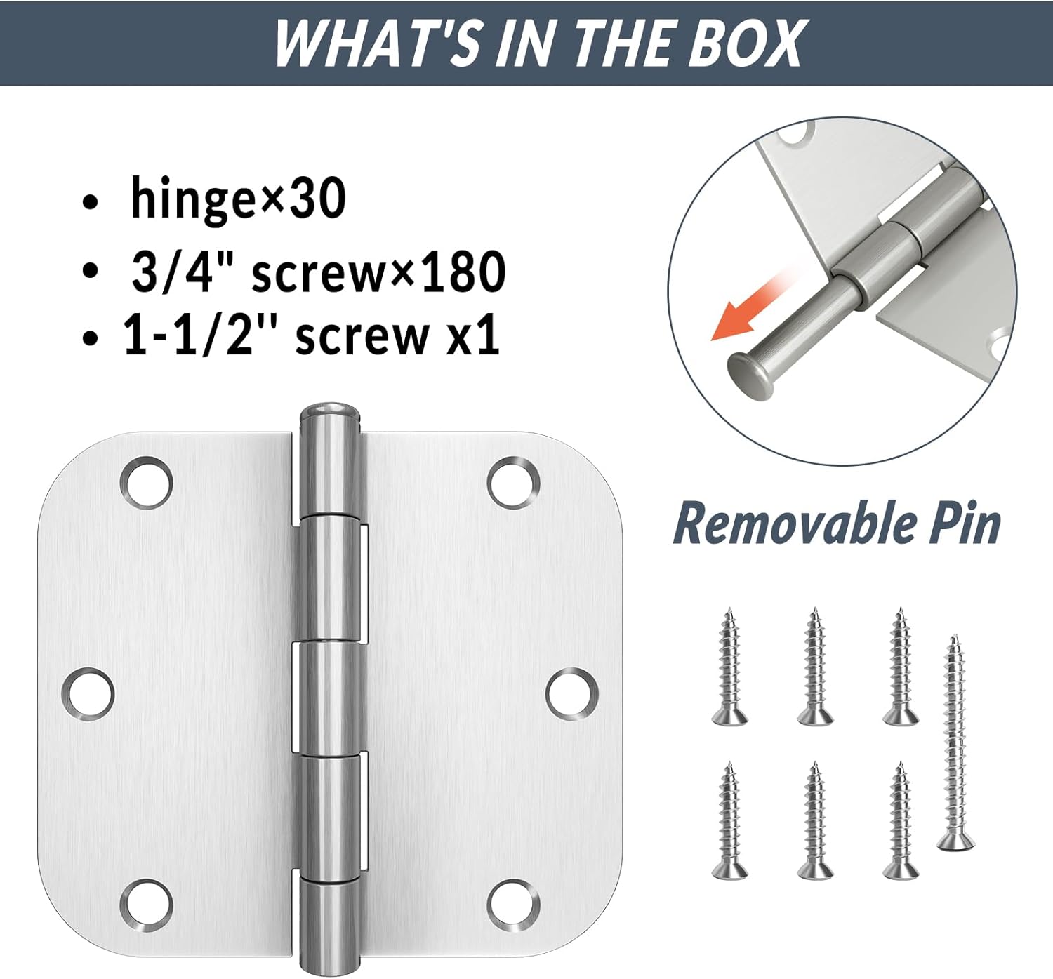 HOSOM 30 Pack Rounded Door Hinges Brushed Nickel 3.5 x 3.5 inch with 5/8 Radius, Satin Nickel 3 1/2 Interior Door Hinges, 3 ½"x 3 ½" Silver Hardware