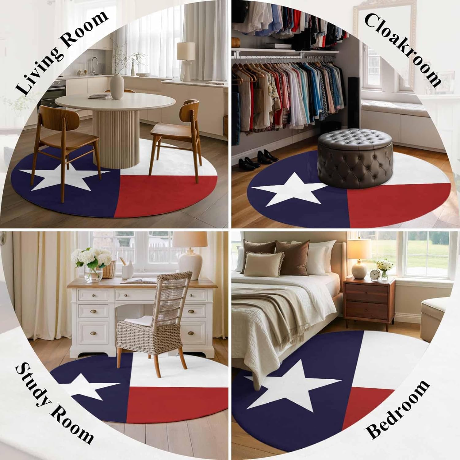 Blue Red White Texas Flag with Star, Round Area Rug 4 Ft, Soft Bedroom Carpet, Minimalistic Geometric Stripe Washable Non-Slip Rug Indoor Outdoor Floor Mat for Kids Room Coffee Table