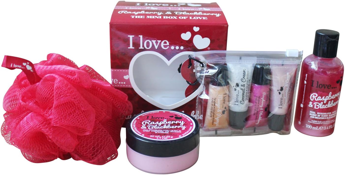 I Love… Gift Sets Bundle – 8 Items – Raspberry & Blackberry Bath and Skin Care with Lip Gloss