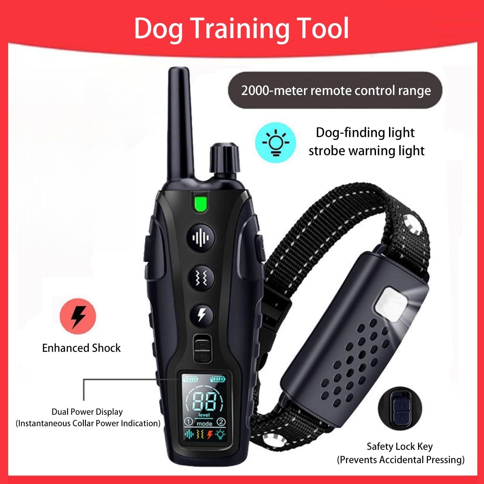 Collar de adiestramiento canino con mando a distancia de largo alcance 2000M, collar de nylon ajustable para perros con luz intermitente nocturna para corrección de conducta en perros pequeños A