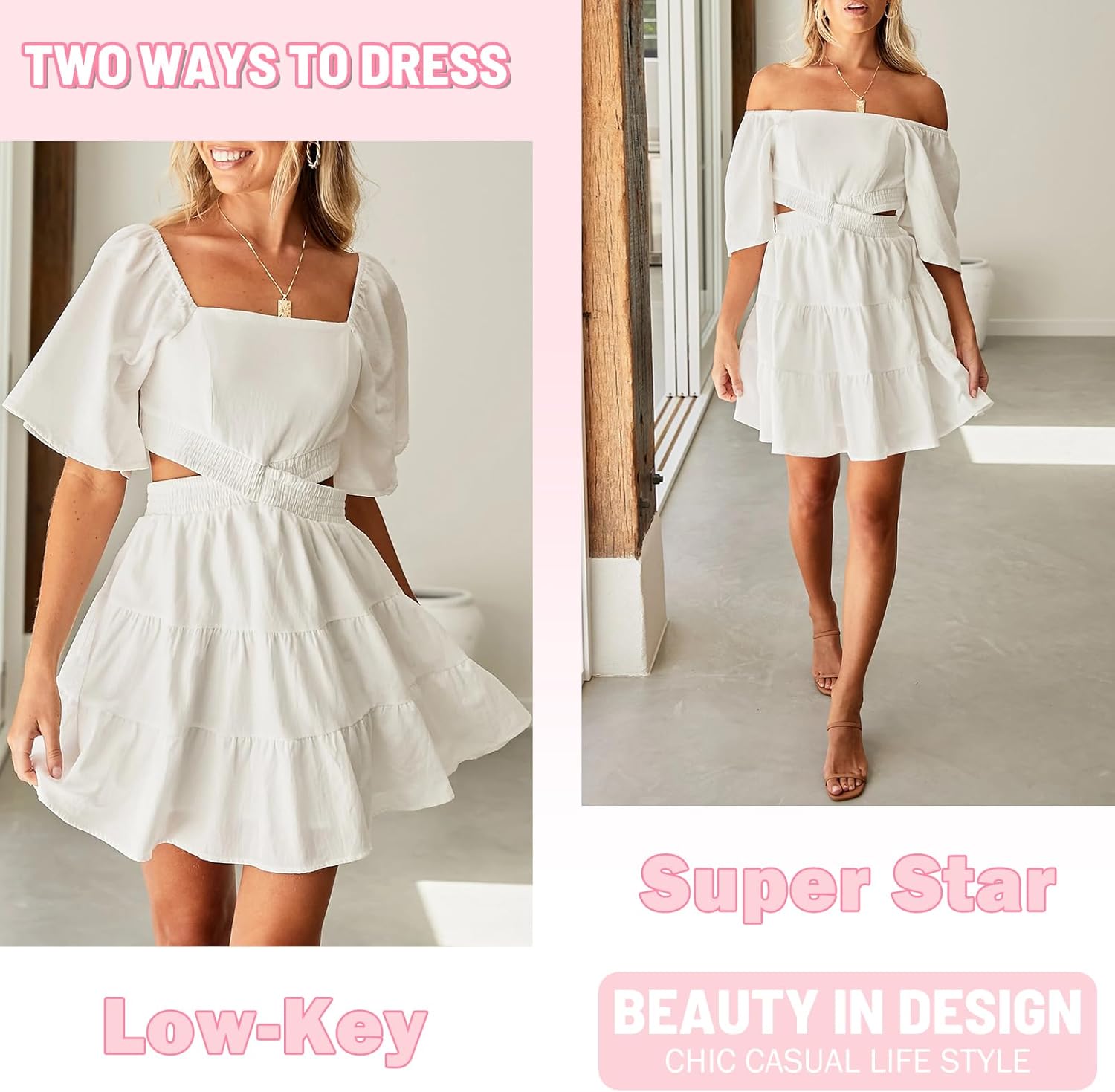 Senllen Womens Summer Dresses 2025 Short-Sleeve Square Neck Mini Dress Crossover Elastic Waist Casual Party Tiered Dress - Image 4