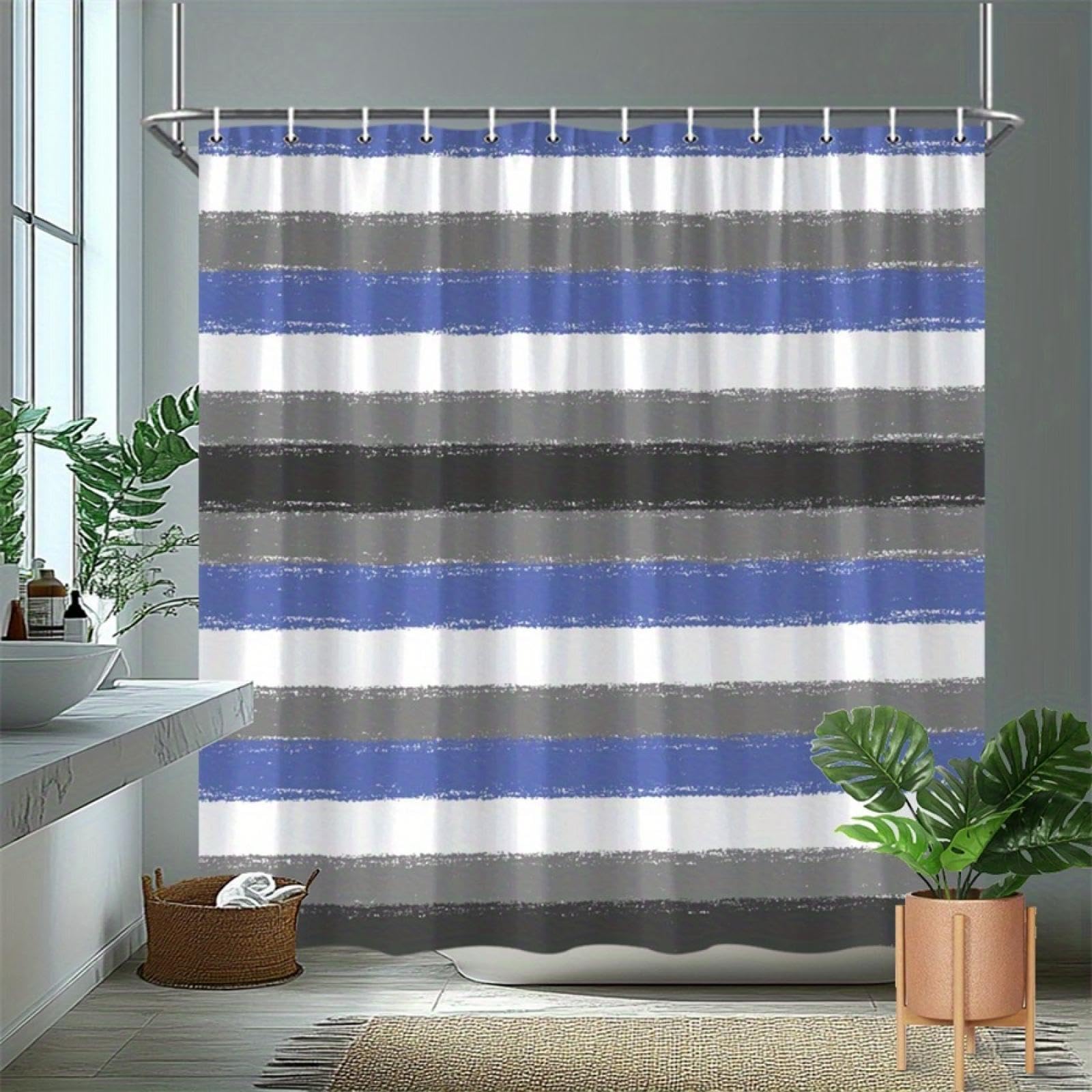 Duschvorhang mit horizontalen strukturierten Streifen in Weiß, Grau und Blau, modernes Design, stilvolle Badezimmerdekoration, 175x220cm