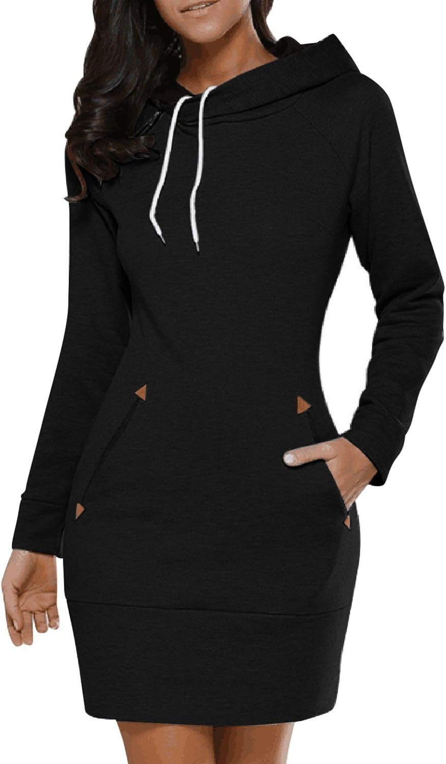 LAMEZI Women's Casual Long Sleeve Cotton Pullover Hoodie Mini Dress with Pocket Black 6-8