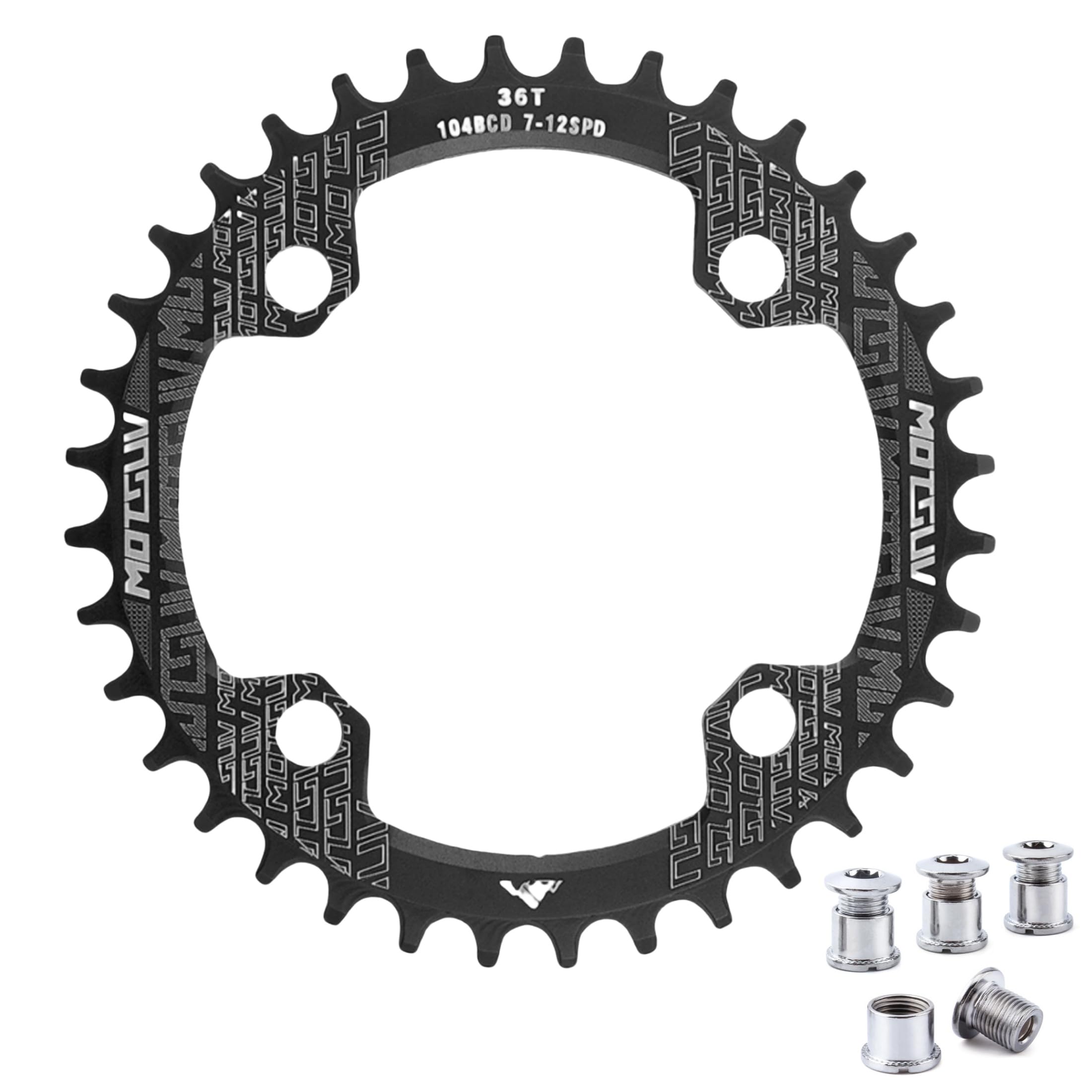 QIAMNI 104 BCD 32T 34T 36T 38T Narrow Wide Single Chain Ring with 4 Pieces Sprocket Bolts for Road Bikes, Mountain Bikes, BMX MTB Bike (Black, 36T)
