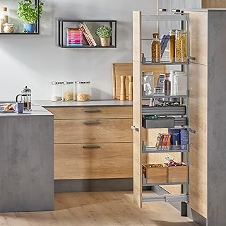 SOTECH Dispensa-X Apothekerauszug Silbergrau 1200-1600 mm SoftstopPlus, Clickfixx und 4 Arena Einhängetablare mit Glasreling für 300 mm breite Schränke, Tragkraft 100 kg, Kesseböhmer