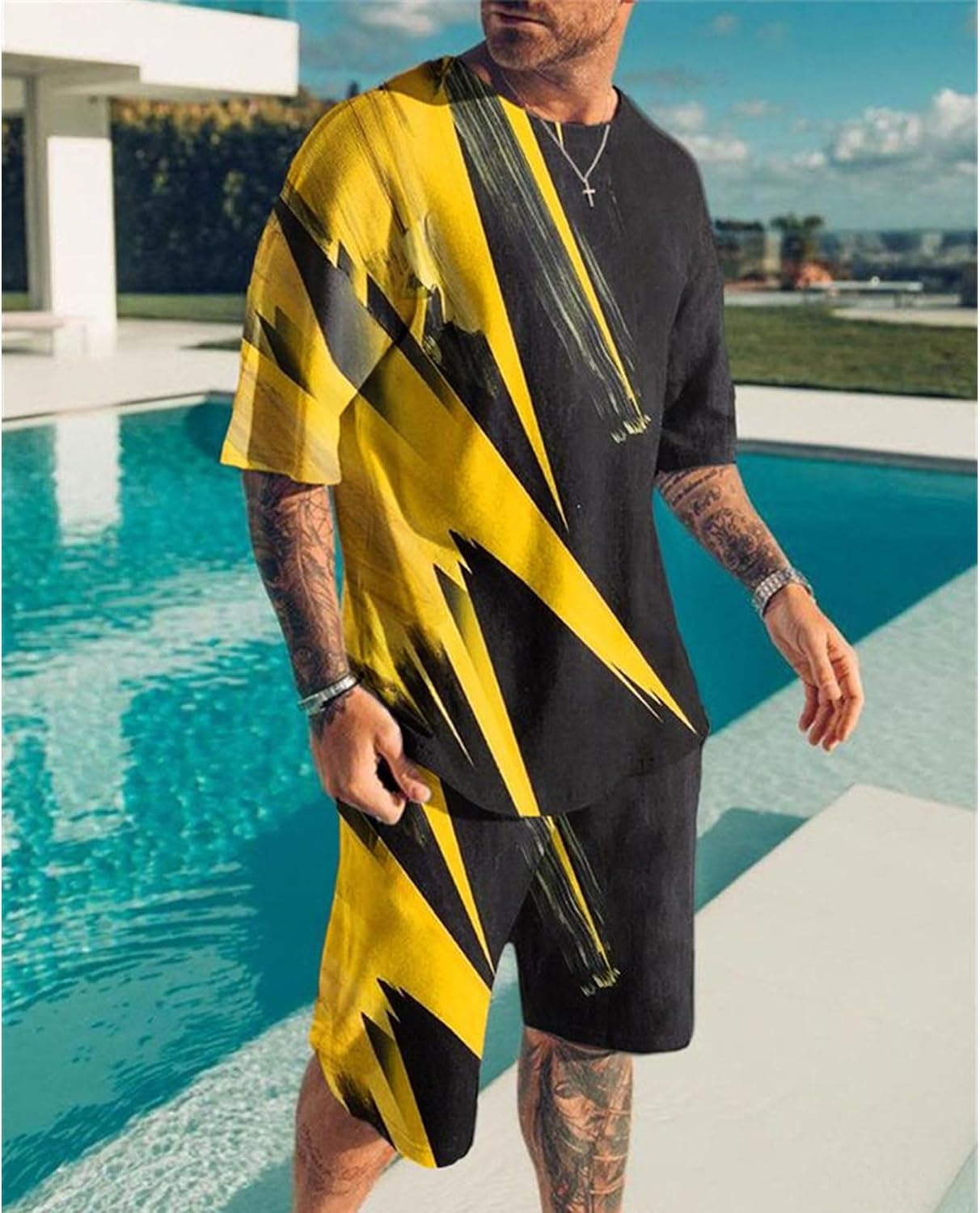 Bestgift Mens Printed Suit Casual 2 Piece Sports Tops