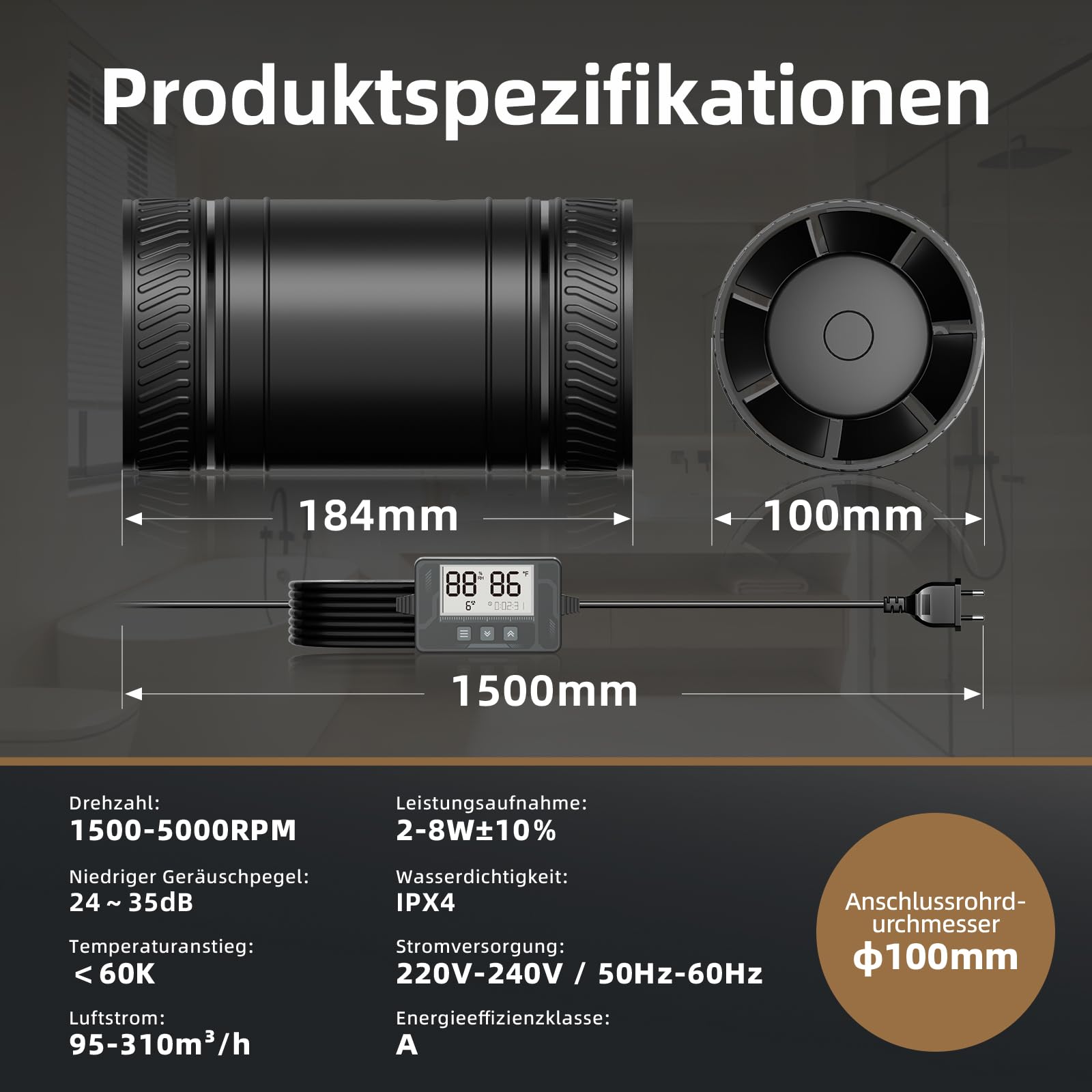 MOCINE Elektronische Lüfter, 100 mm Rohrventilator mit Timer, intelligenter Temperatur- und Feuchtigkeitssteuerung, 5000 RPM, leiser Betrieb, Abluftventilator für Keller, Growzelt, Garage