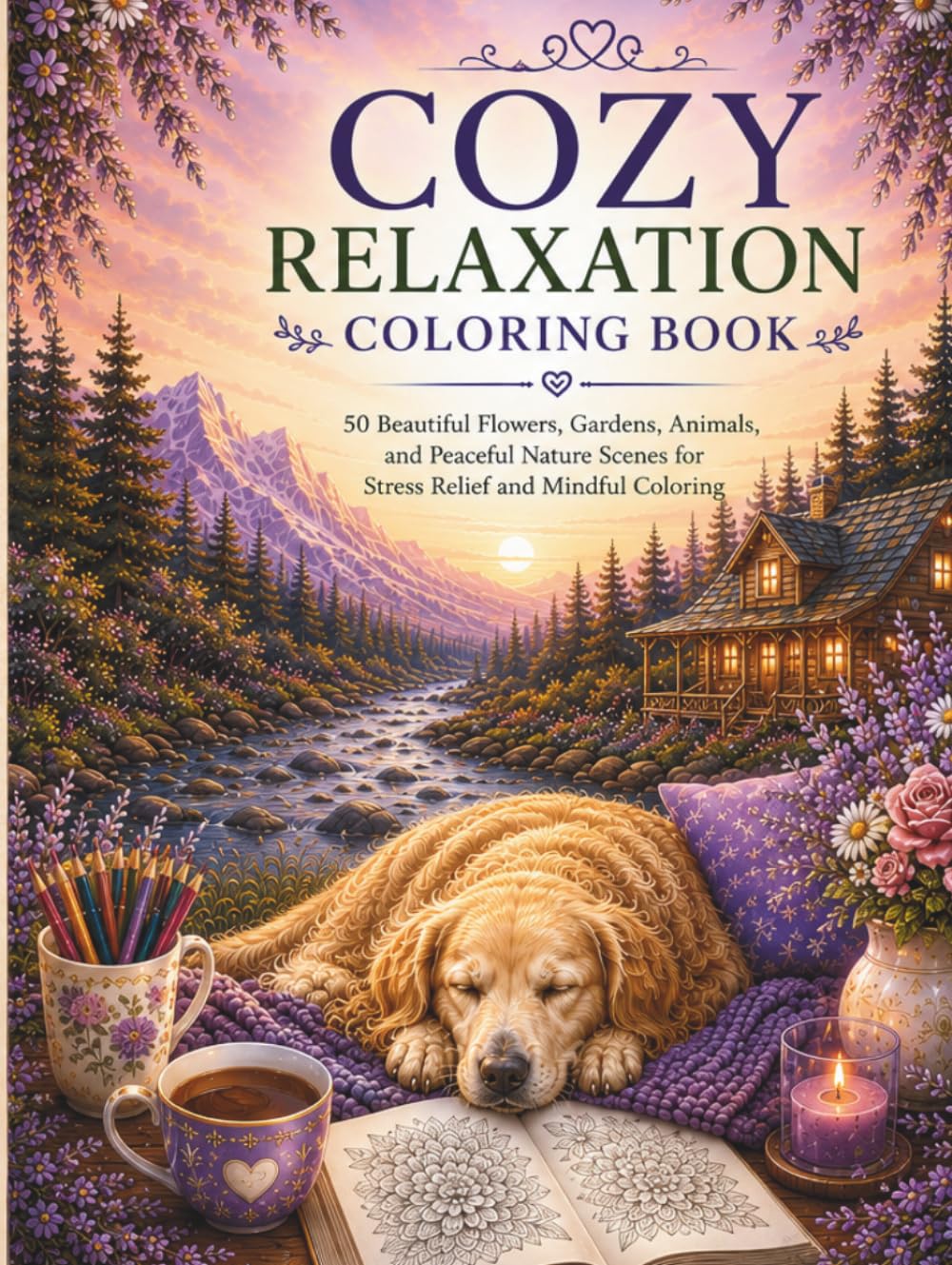 COZY RELAXATION COLORING BOOK: 50 Beautiful Flowers, Gardens, Animals, and Peaceful Nature Scenes for Stress Relief and Mindful Coloring