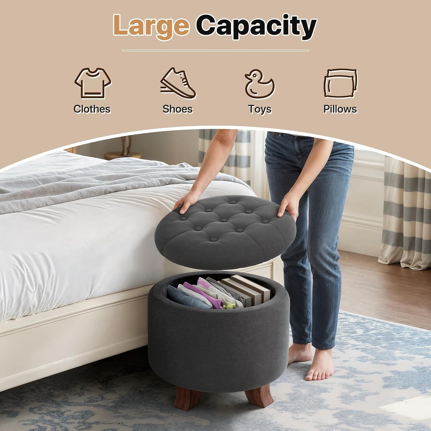 Magshion Round Ottoman, Ottoman with Storage, 20 Dia. x 17 H Inches Foot Rest Stool with Legs for Bedroom, Living Room, Decorative Home Furniture, Dark Gray