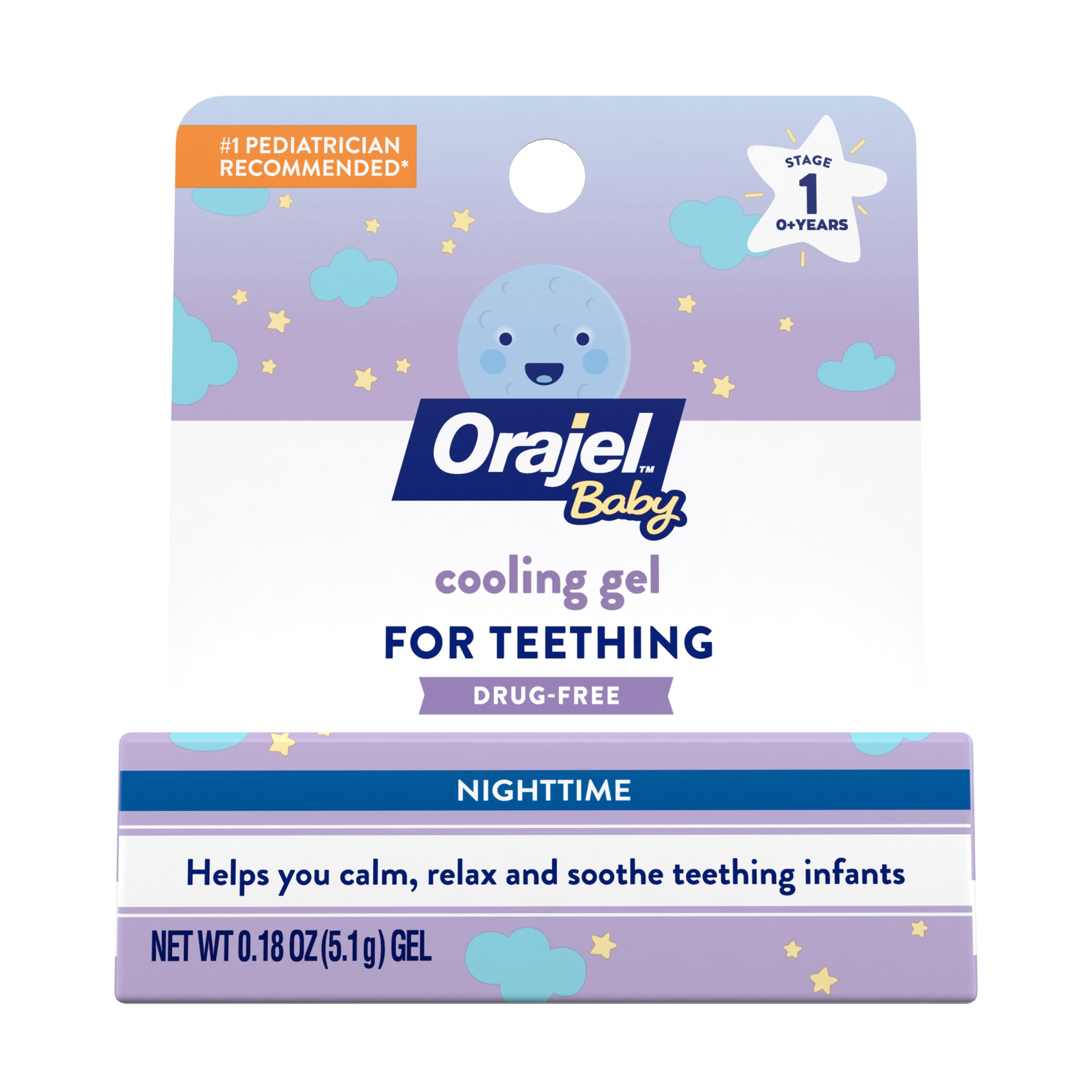 OrajelBaby Nighttime Cooling Gel for Teething, Drug-Free, #1 Pediatrician Recommended Brand for Teething*, One .18oz Tube