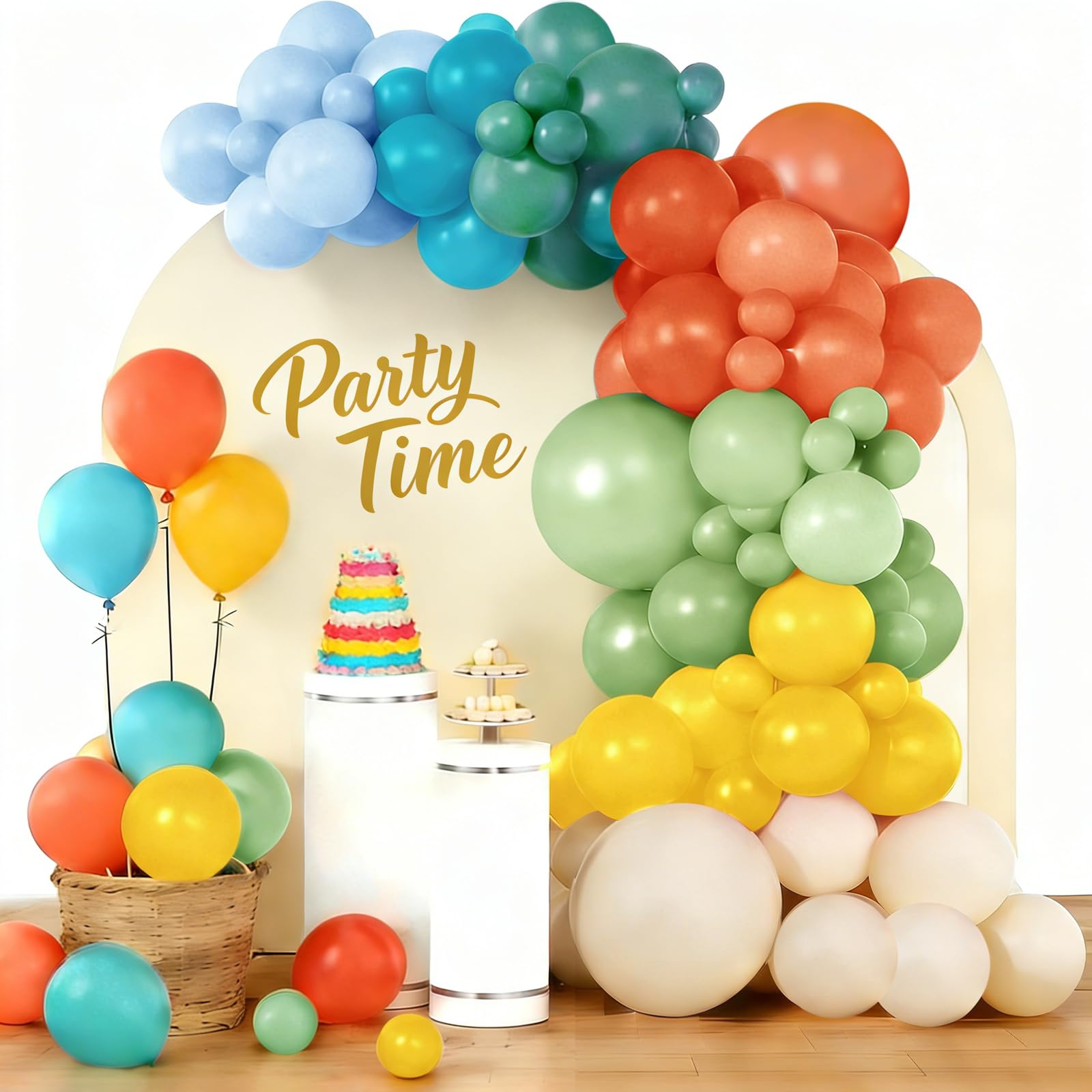 Pastel Blue Green Orange Yellow Balloon Arch Kit, 112Pcs 18 12 10 5 Inch Different Sizes Latex Balloon Garland, Perfect for Baby Shower, Kids Birthday, Boho Wedding, Summer Garden Party Decorations