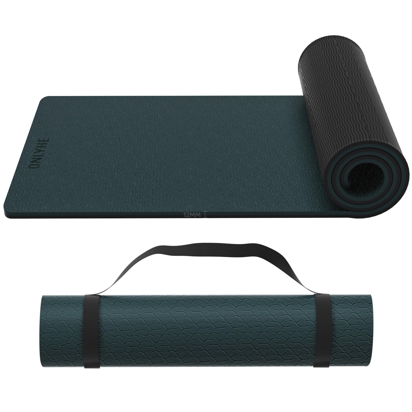 Extra Thick 12mm TPE Exercise Yoga Mat with Strap, 1/2 Inch Non-slip Workout Mat for gymnastics, Pilates, Home, Workout, Gym Floor Fitness Dark green + Black