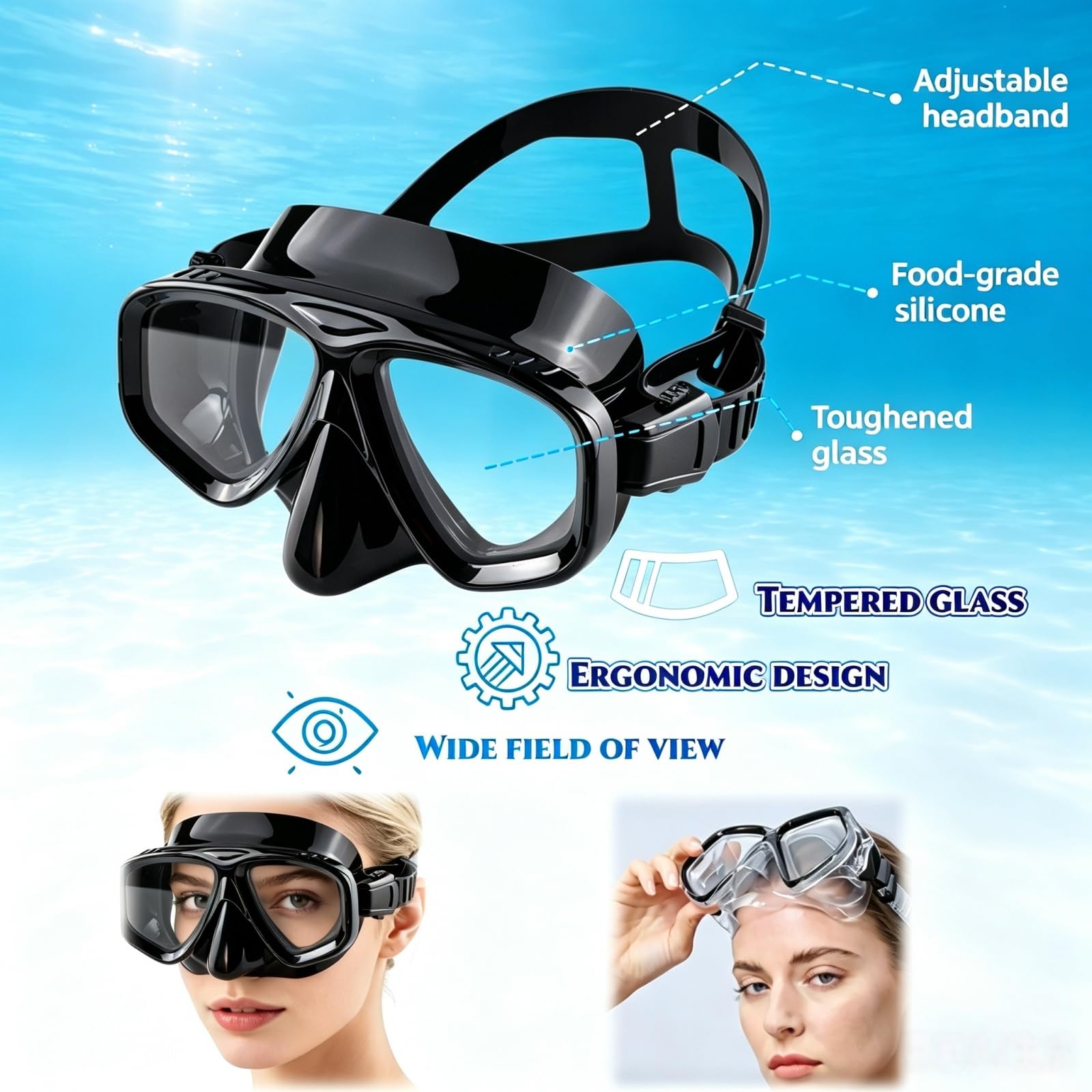 Kit de snorkeling optique avec force visuelle, dioptrie : de 0 à -9, kit de plongée pour adulte avec bouchons d'oreilles et sac de rangement, tuba sec, lentille en verre trempé
