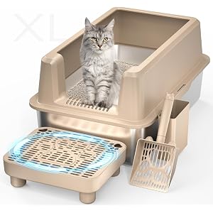 Enclosed Stainless Steel Cat Litter Box, Extra XL Large with Lid, Metal Litter Box with High Sided, Easy Clean, Odorless, Anti-Urine Leakage, Includes Scoop (Khaki)