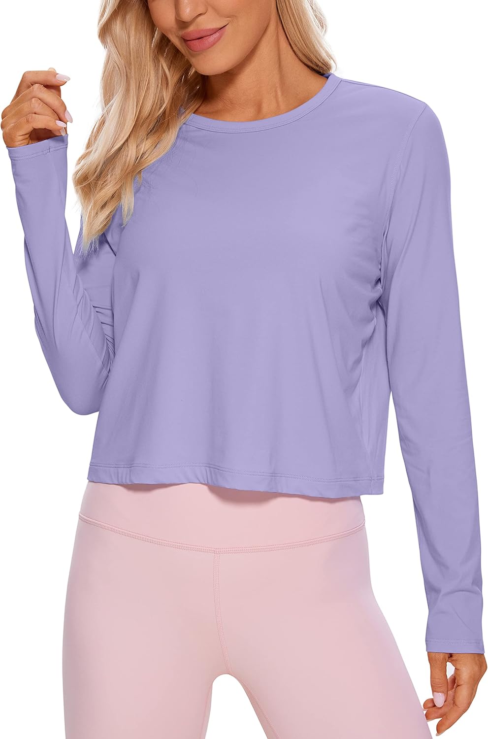 CRZ YOGA Pima Cotton Long Sleeve Workout Shirts for Women Loose Cropped Tops Athletic Sports T-Shirt