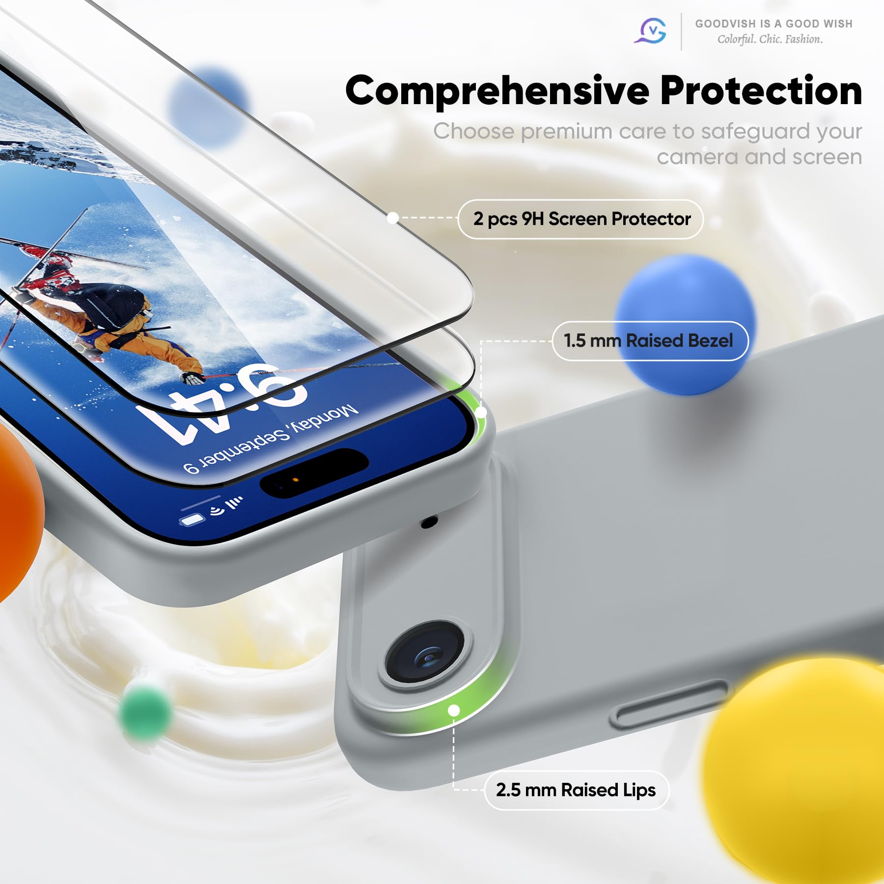 GOODVISH 3 in 1 Silicone Cover per iPhone Air 6.5", Custodia con 2x Vetro Temperato [Pulsante Controllo Fotocamera] 360° Protezione Anticaduta Case per Cellulare Antiurto Resistente, Grigio Acciaio