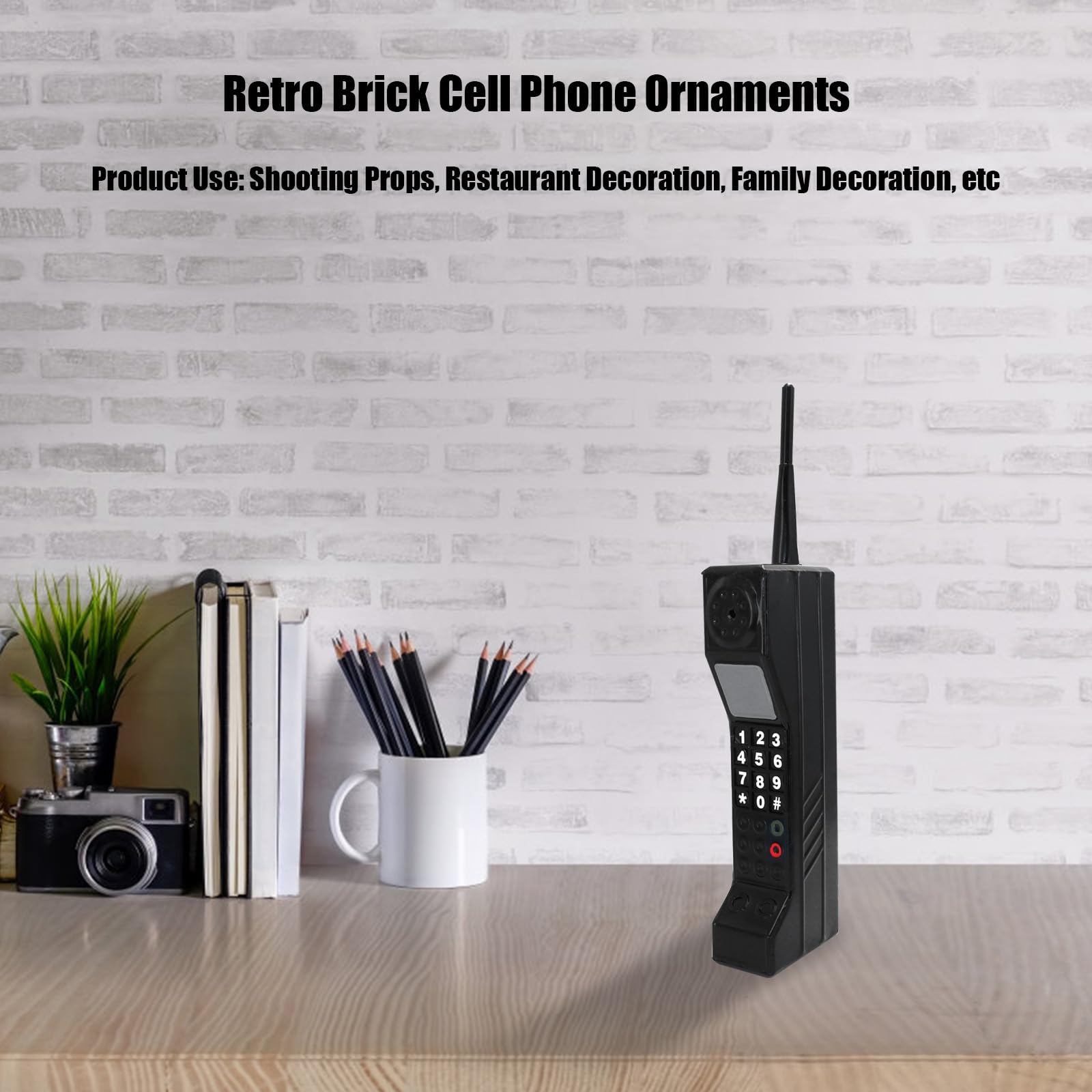 Modelo de teléfono móvil vintage réplica ladrillo, adorno retro para celular y accesorio fotográfico, decoración estilizada hogar negro Modelo de teléfono móvil vintage réplica ladrillo, adorno retro para celular y accesorio fotográfico, decoración estilizada hogar negro