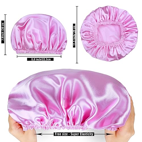 Vista 4 de Gorros de ducha para mujer, 4 gorras de baño elásticas y reutilizables, doble capa impermeable, gorras de ducha de baño, sombrero de baño