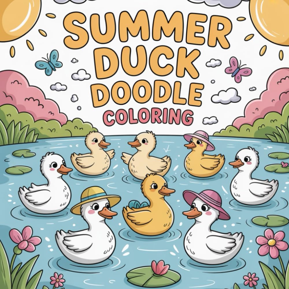 Summer Duck Doodle Coloring: fun doodle coloring book, kawaii duck coloring pages, summer-themed coloring book, cute duck illustrations, easy coloring ... coloring for adults, summer activity book