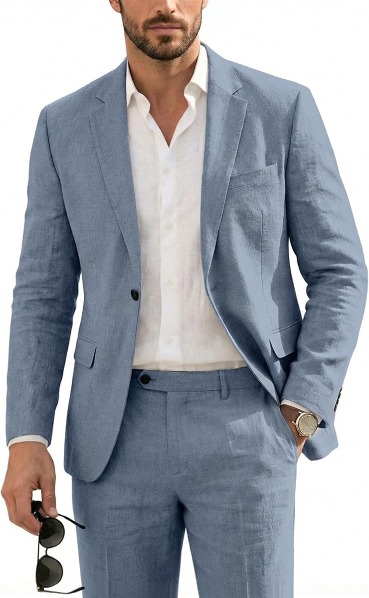Men's 2 Piece Casual Linen Suit Set, Regular Fit Lightweight Blazer Jacket and Pants for Wedding, Business, Party