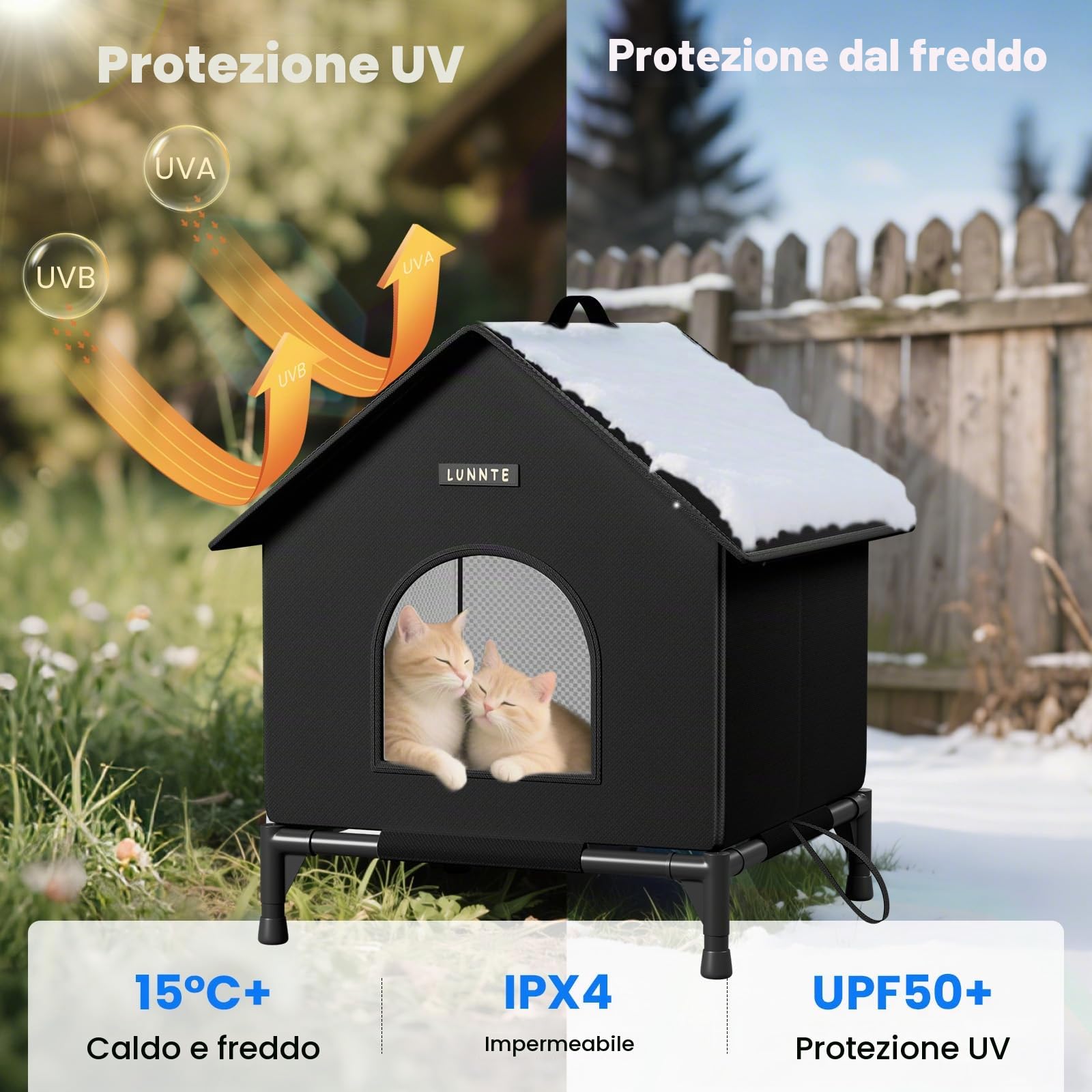 Cuccia per gatti da esterno con design rialzato, impermeabile, per esterni, calda grotta per cani con tenda per porta, lavabile, riparo per animali domestici randagi (nero, L)