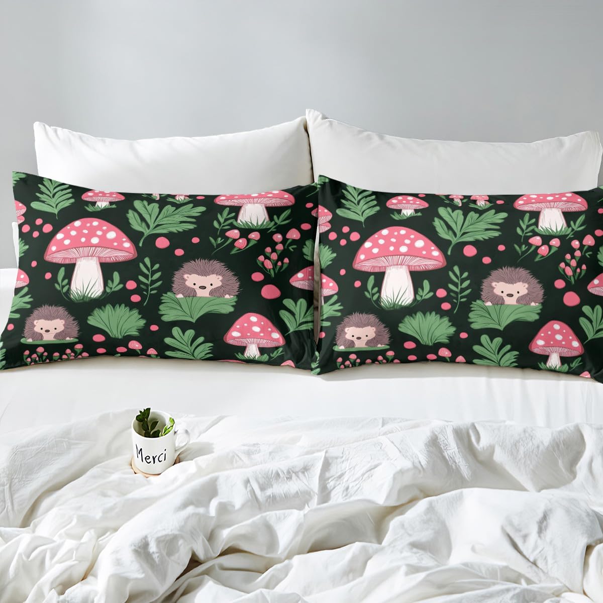 Erosebridal Hedgehog & Mushroom Fitted Sheet,Queen Size Pink Cartoon Animal Print Bed Sheets,Cute Forest Wildlife Fitted Bed Sheets,Whimsical Woodland Animal Theme Bedding Set for Kids Boys Girls