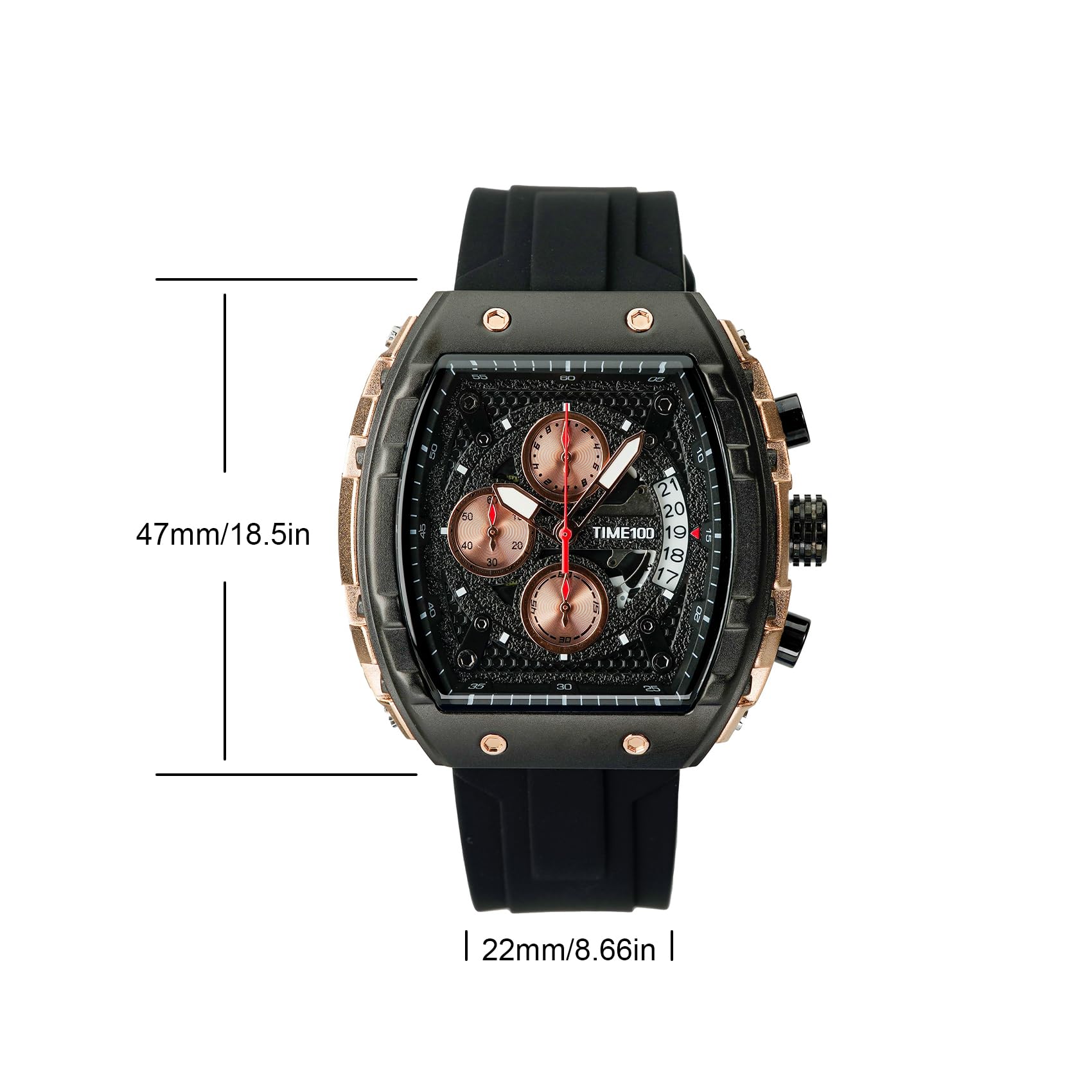 TIME100 Zegarek dla mężczyzn Chronograf Kalendarz Kwadratowa Twarz Świecący Styl Punkowy Wielofunkcyjny Pod-Tarcza Męski Szkielet Tonneau Zegarek Regulowany Silikonowy Pasek, Czarne i różowe złoto,