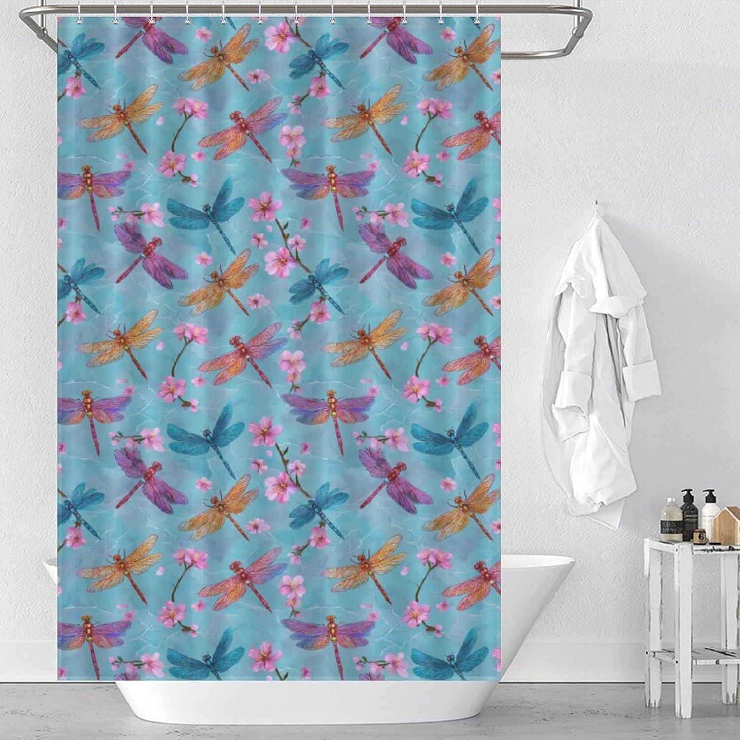 Dragonfly and Floral Shower Curtain 46.85x70.87Inch（119x180cm） Polyester Bath Curtain Shower Curtains Printed Decorative