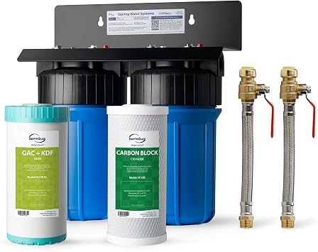 iSpring WGB21B-KS+AHPF12MNPT16X2 2-Stage Whole House Water Filtration System w/ 3/4 Push-Fit Braided Stainless Steel Hose Connectors, Removes Chlorine, Lead, Odor and More, 1" Inlet/Outlet Ports