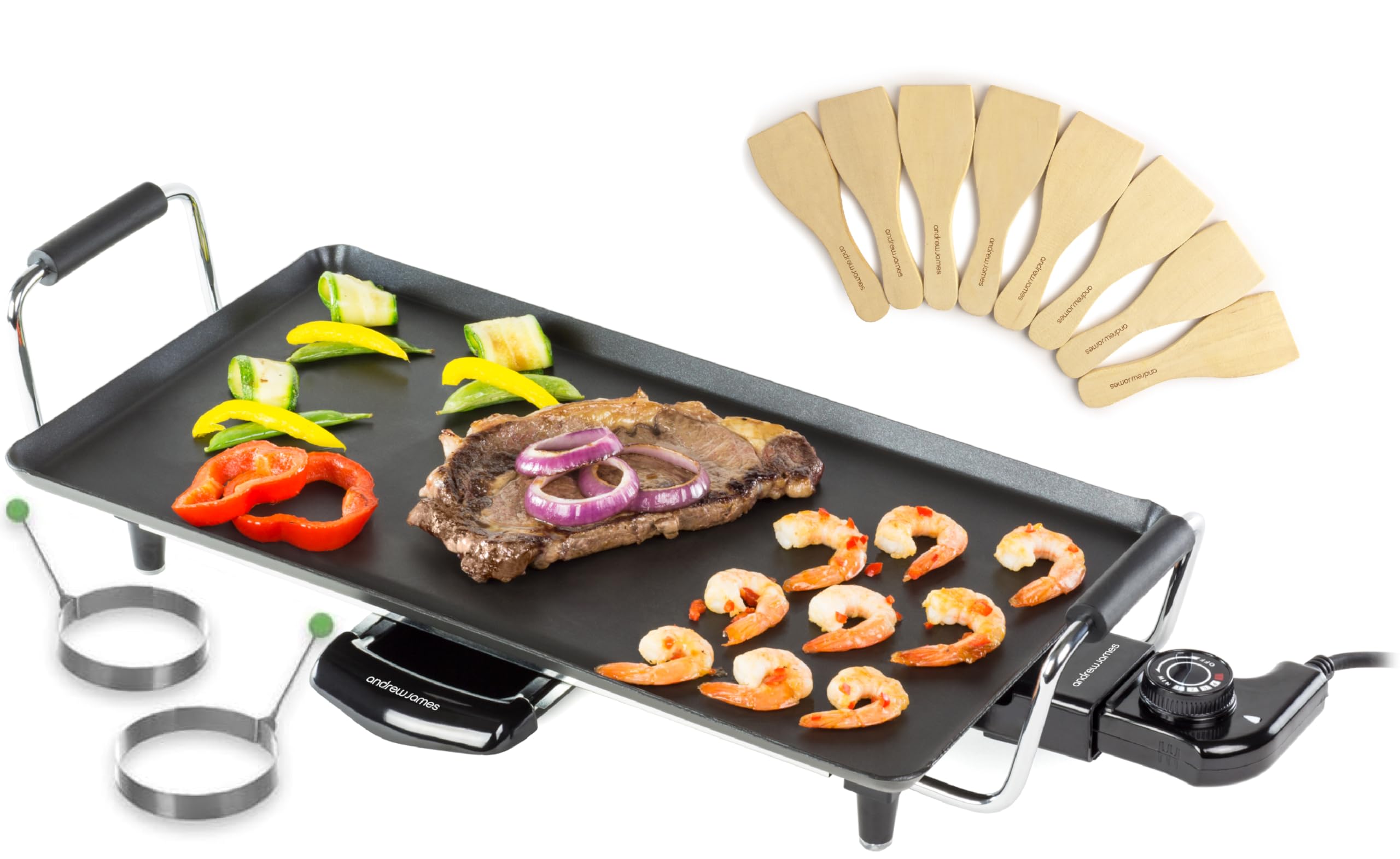 Andrew James Teppanyaki Electric Grill Plate & 2 Egg Rings | Large Non-Stick Tabletop Griddle with 43cm x 22.5cm Hot Plate & Adjustable Temperature | Includes 8 Wooden Spatula & Recipes in Manual