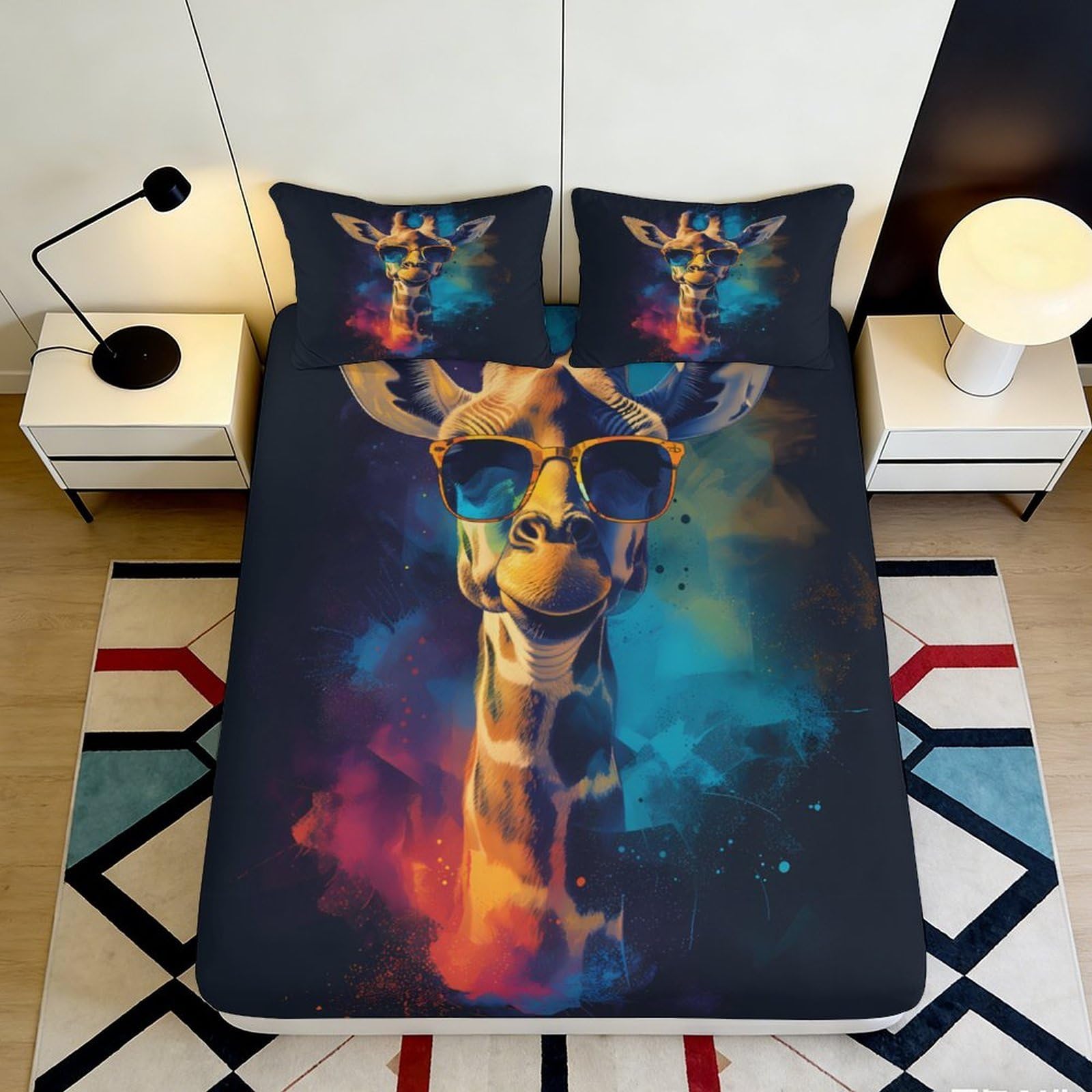 3D Printed Colorful Giraffe Fitted Sheet Microfiber Soft Durable 3D Bed Cover with Sunglasses Design Mattress Cover for Bedroom Guest Room Dormitory 200x200x25cm