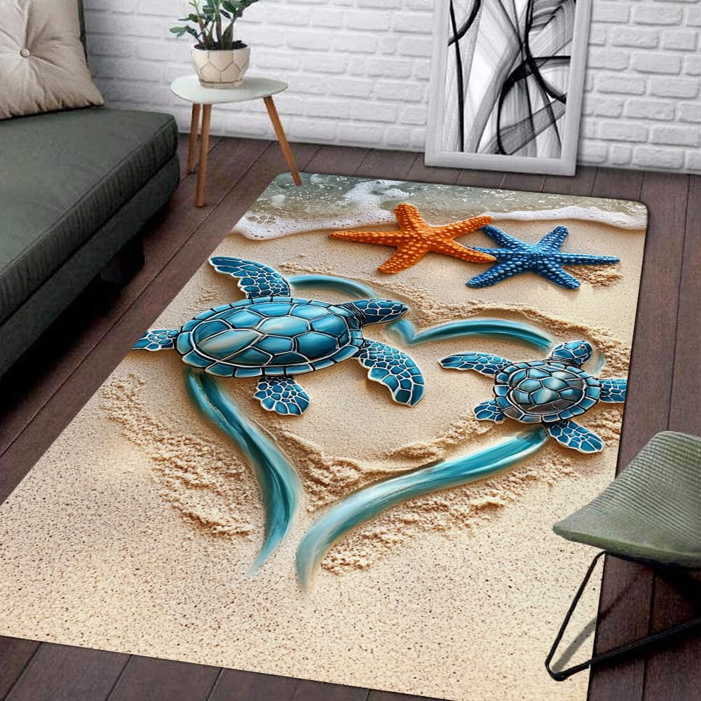 Turtle Rugs, Sea Turtle Area Rug, Ocean Animal Theme Carpet, Coastal Modern Turtles Rug for Boys Girls Room, Nautical Nonslip Rug for Living Room