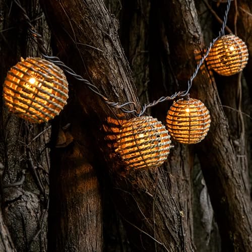 Decorative Lantern String Lights, 10 Mini Bulbs With Seagrass Rattan Wire Ball Style, Ul Listed Connectable Weatherproof Indoor Outdoor Patio String Light Plug In For Home Pergola Porch Party Backyard #TOP6