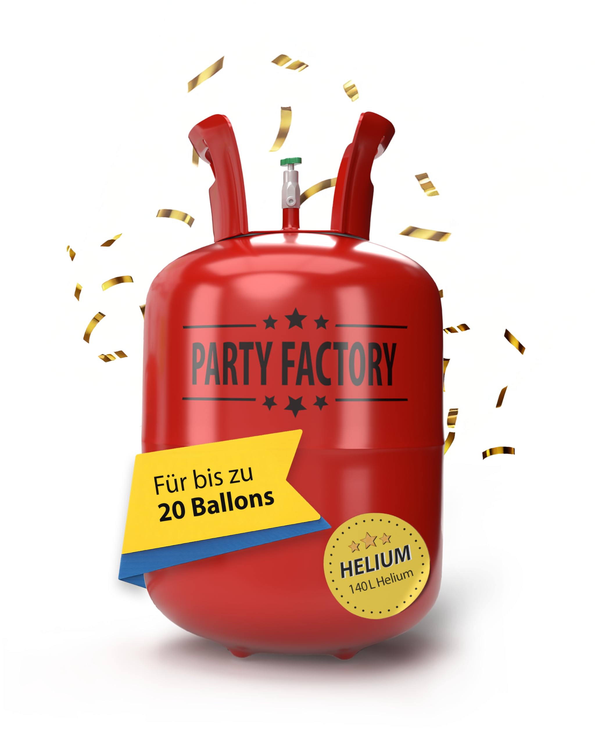 Party Factory – Helium Gasflasche 1x 140L für ca. 20 Luftballons – Partydeko Ballongas Flasche für Latex- & Folienballons – Einwegflaschen mit Knick-Füllventil – Für Partys  Hochzeiten und Geburtstage