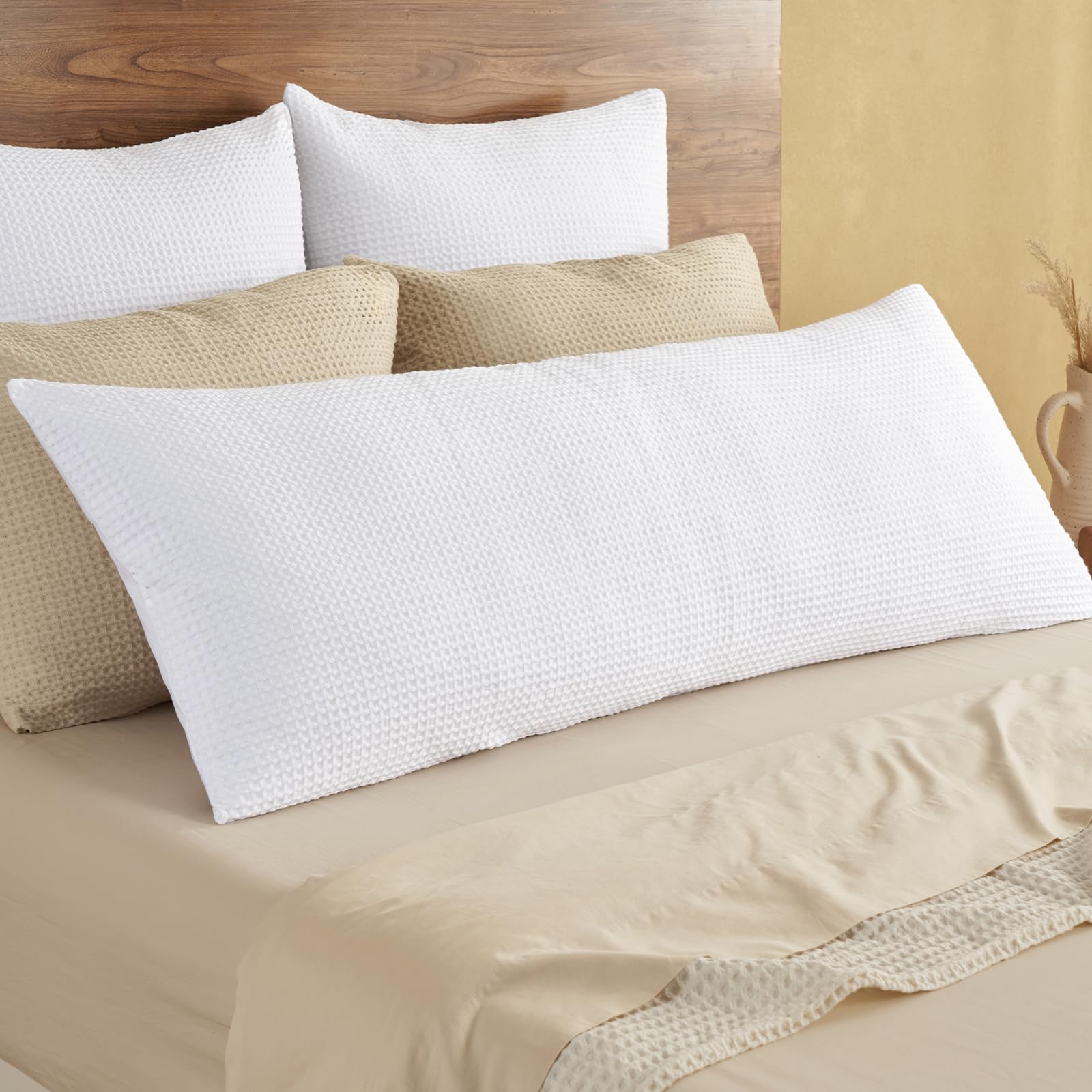 phf 100% cotton waffle body pillowcase with zipper, 1 pack 20" x 54" soft skin-friendly and breathable pillow sham, no filling, aesthetic woven waffle weave body pillow cover for bed, white